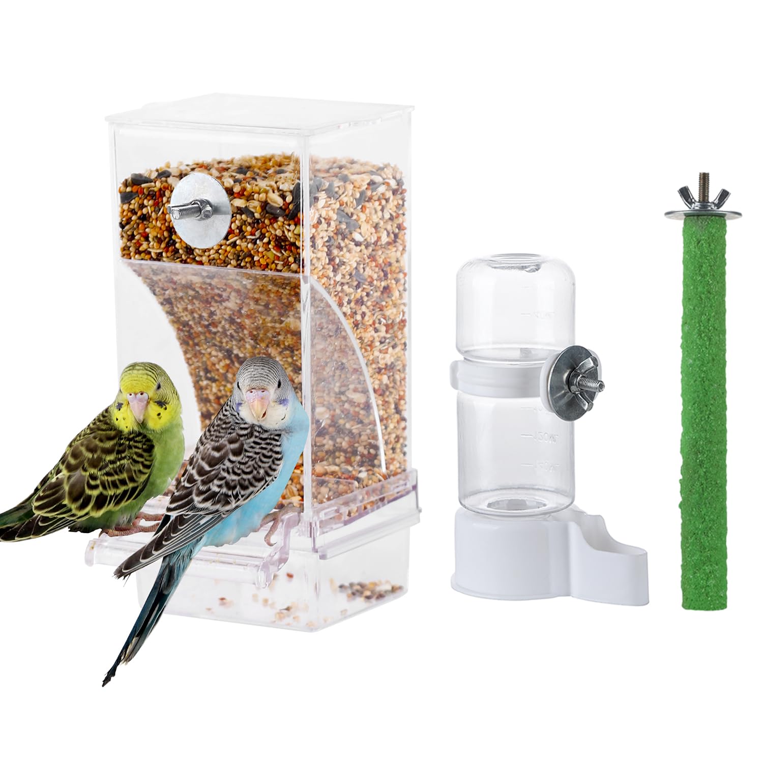Automatic Bird Cage Feeder & Waterer Set - 3-Piece Kit With Food Dispenser, Water Bottle & Perch