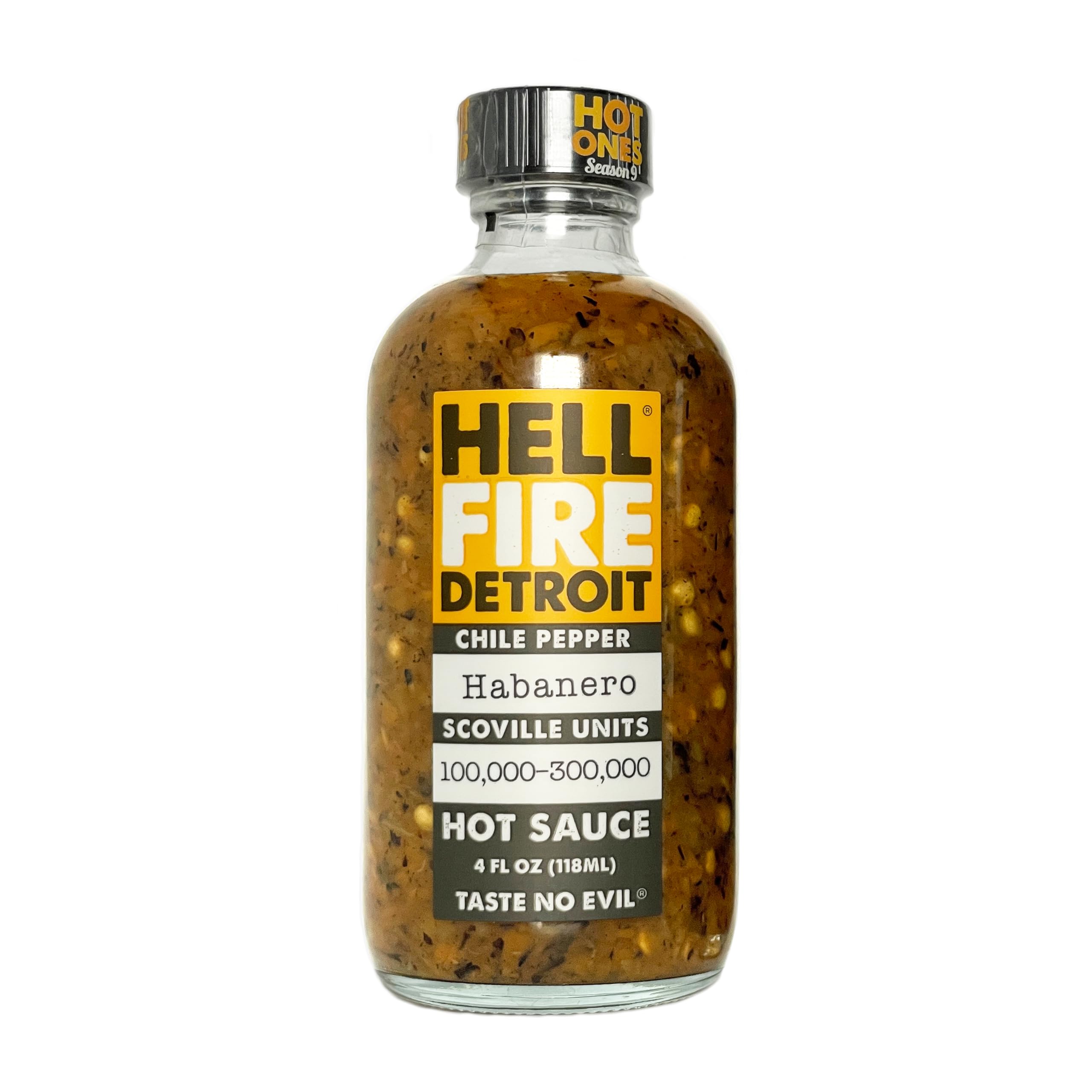 Hell Fire Detroit Habanero Hot Sauce (Extra-Hot), Crafted with Fresh, Fire-Roasted Habanero Chile Peppers, All-Natural, Vegan, Gluten-Free, Low Sodium – 4 Fl Oz