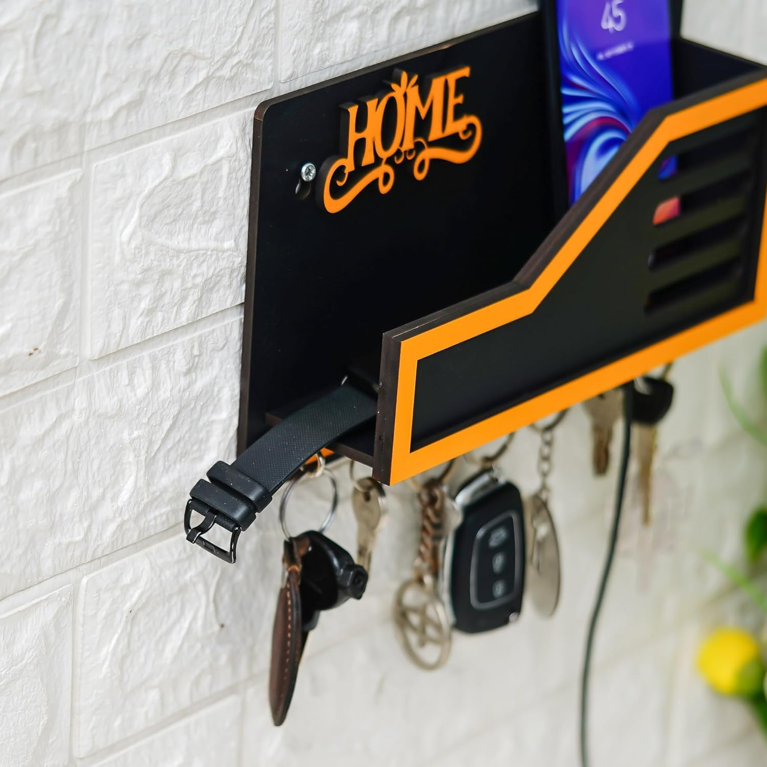 Webelkart Customised Wooden Keys Hanger for Wall,Key Holder with Mobile Stand for Home Wiith Free 2 Customised Wooden Keychains (10" Inches)