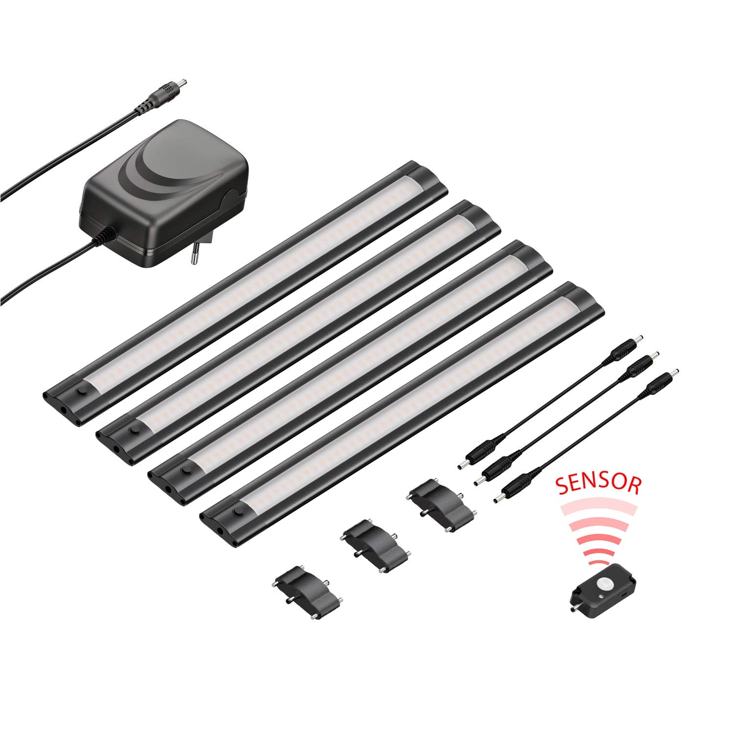 ledscom.de 4er Set LED Unterbau-Leuchte SIRIS schwarz matt mit Bewegungsmelder, flach, je 30cm, je 370lm, weiß