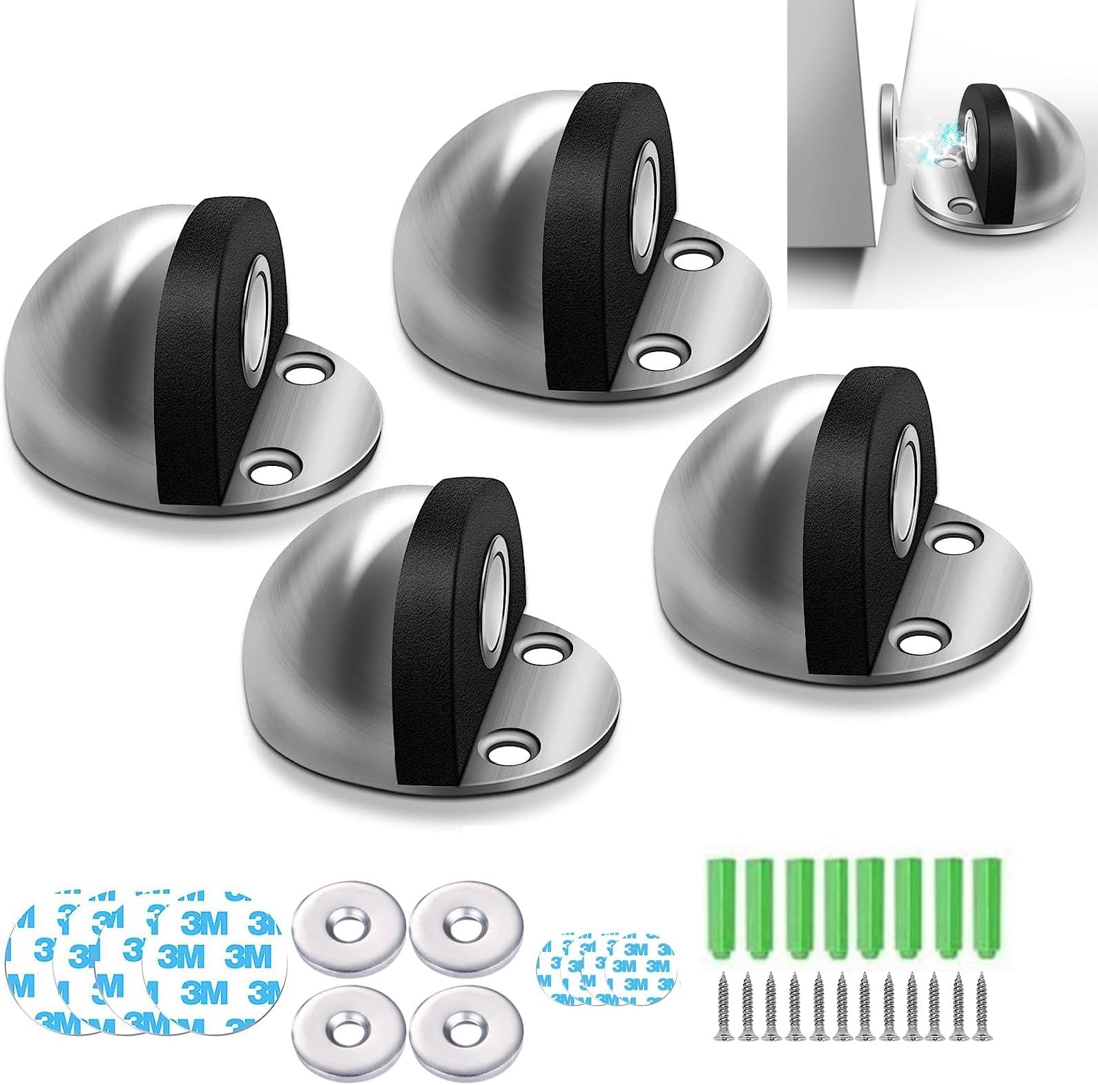 X spring Door Stoppers, 4 Pack Magnetic Door Stop, Silver Wall Protector, Floor Door stops Stainless Steel Magnet Door Catch, Door Stoppers Wall Protector for Hotel Home Restaurant, Ground Mount