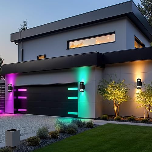 Miniatura 6 de Luces de arriba y abajo para exteriores, luces de pared RGB que cambian de color al aire libre con sensor de fotocélula del atardecer al amanecer,