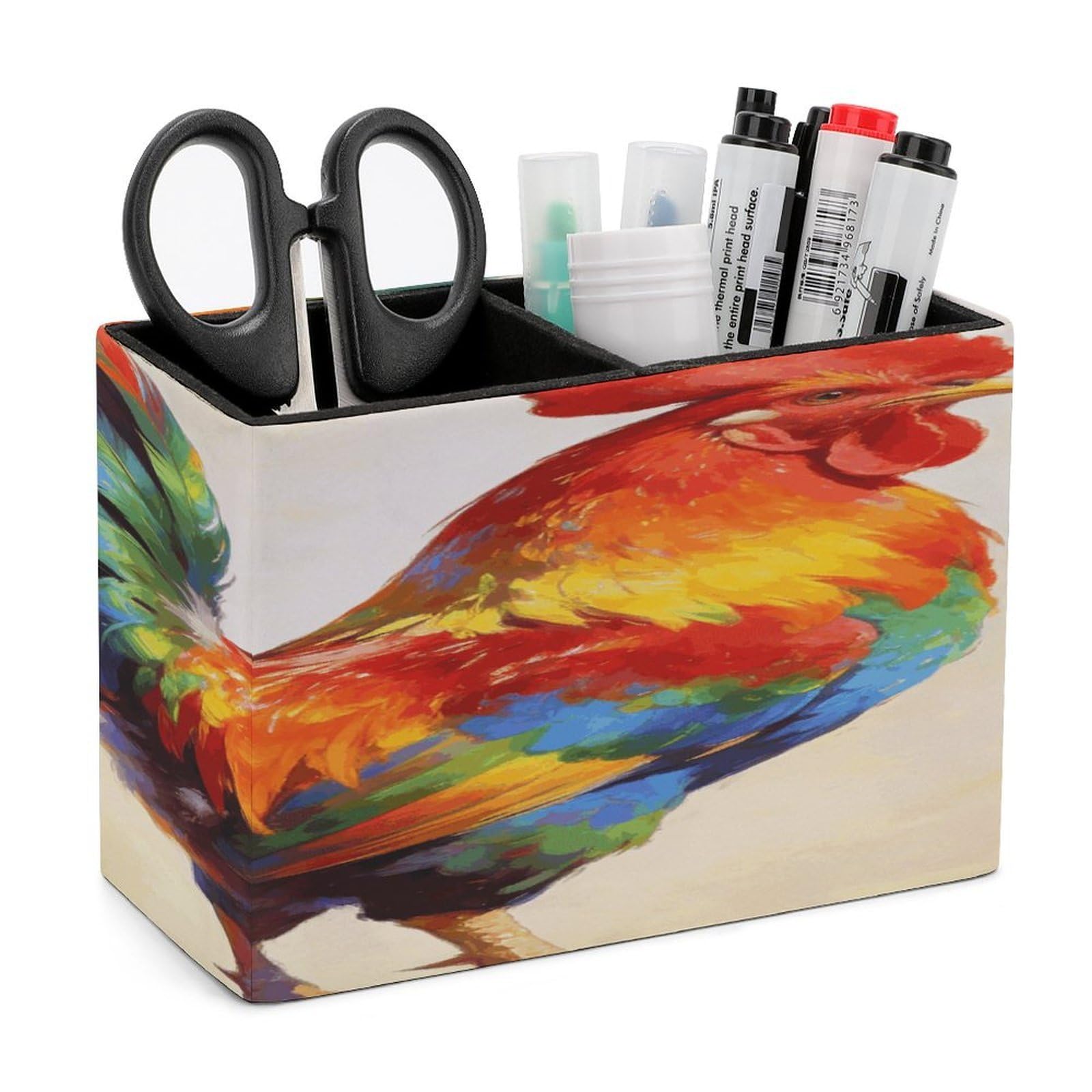 LZQPOEAS Colorful Rooster Pen Holder Double Compartments Pen Cup Makeup Brush Holders Leather Pencil Holder Locker Organizer for Work Locker Accessories Modern Pencil Cup for Desk