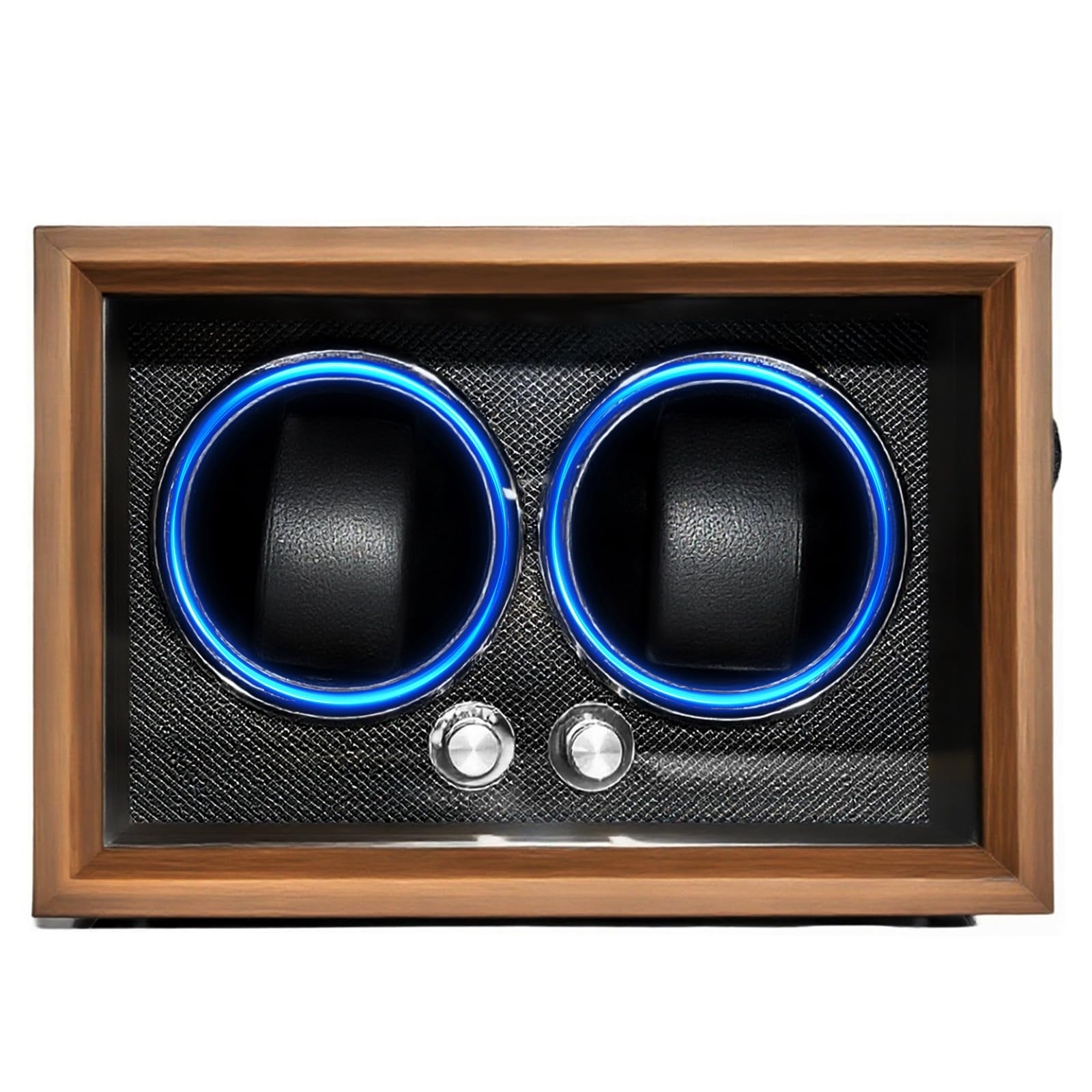 BeSokar Scatola girevole per 2 orologi, illuminazione LED, 4 modalità di rotazione, legno di noce nero, ultrasilenziosa