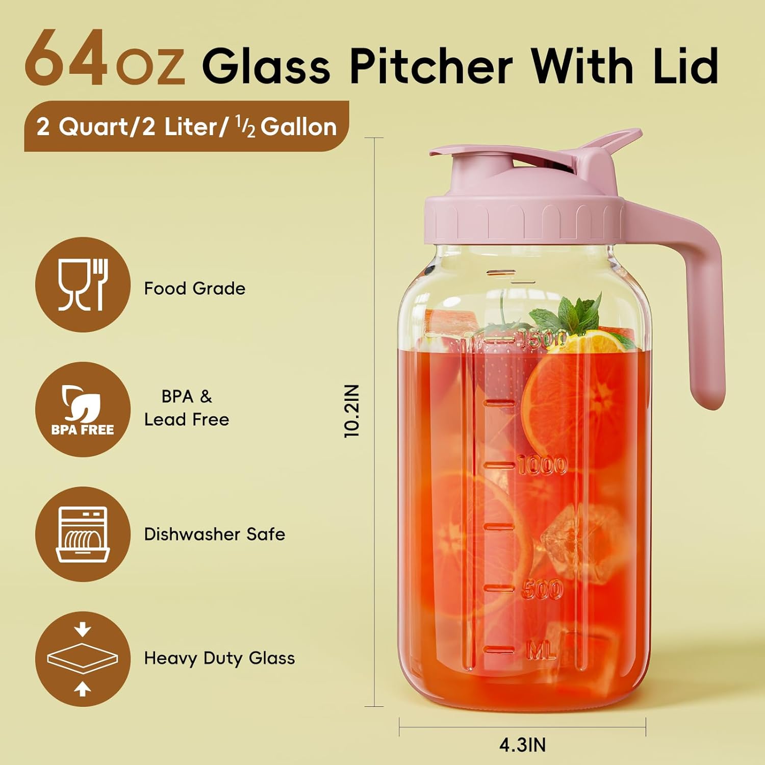 Glass Mason Jar Pitcher, 64 oz Wide Mouth Jug with Pour Spout Handle Lid for Cold Brew Coffee, Ice Beverage, Iced Juice, Lemonade, Sun Tea, Fruit Drinks Container(Pink) - Image 2