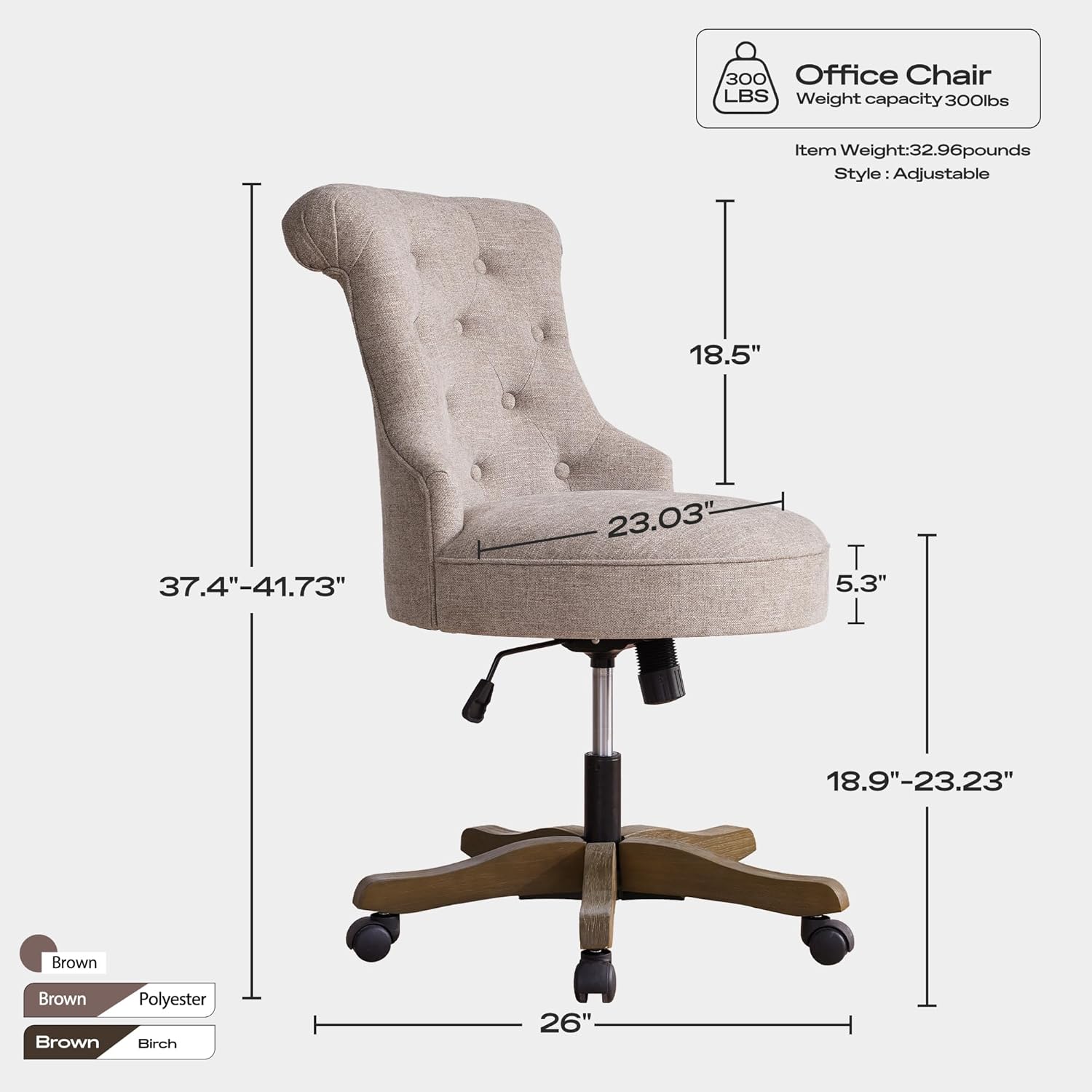 HUIMO Home Office Chair Upholstered Armless Linen Fabric Desk Chair with Wheels Adjustable Height Computer Desk Chair with Wooden Legs No Arms Swivel Chairs for Farmhouse Women Study Studio (Brown)