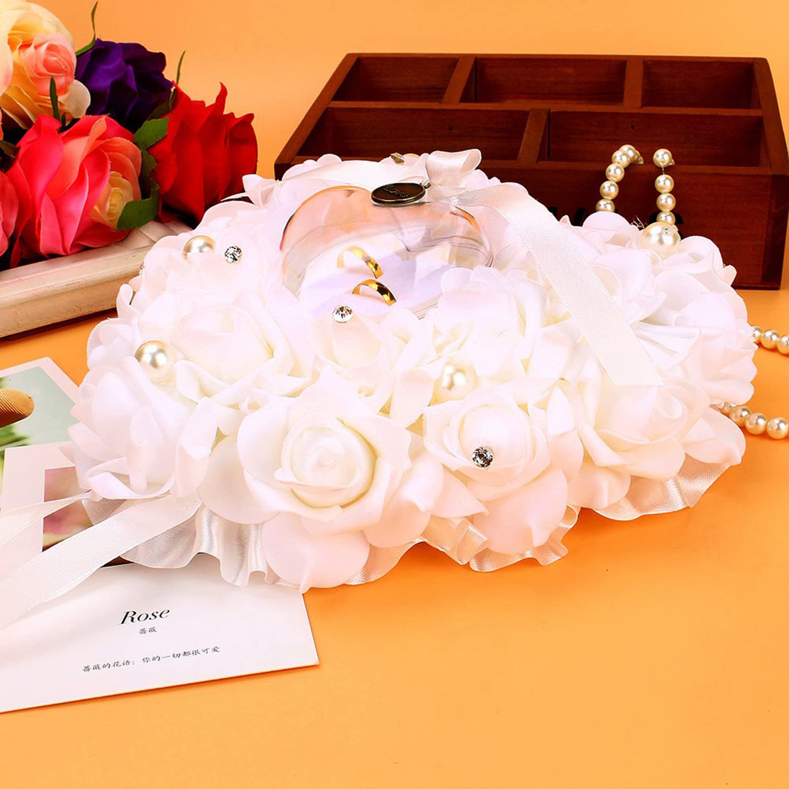 Gsycle Heart Shaped Rings Box, Romantic Rose Pearl Wedding Rings Box Heart Rings Box Small Rings Box for Wedding Favors
