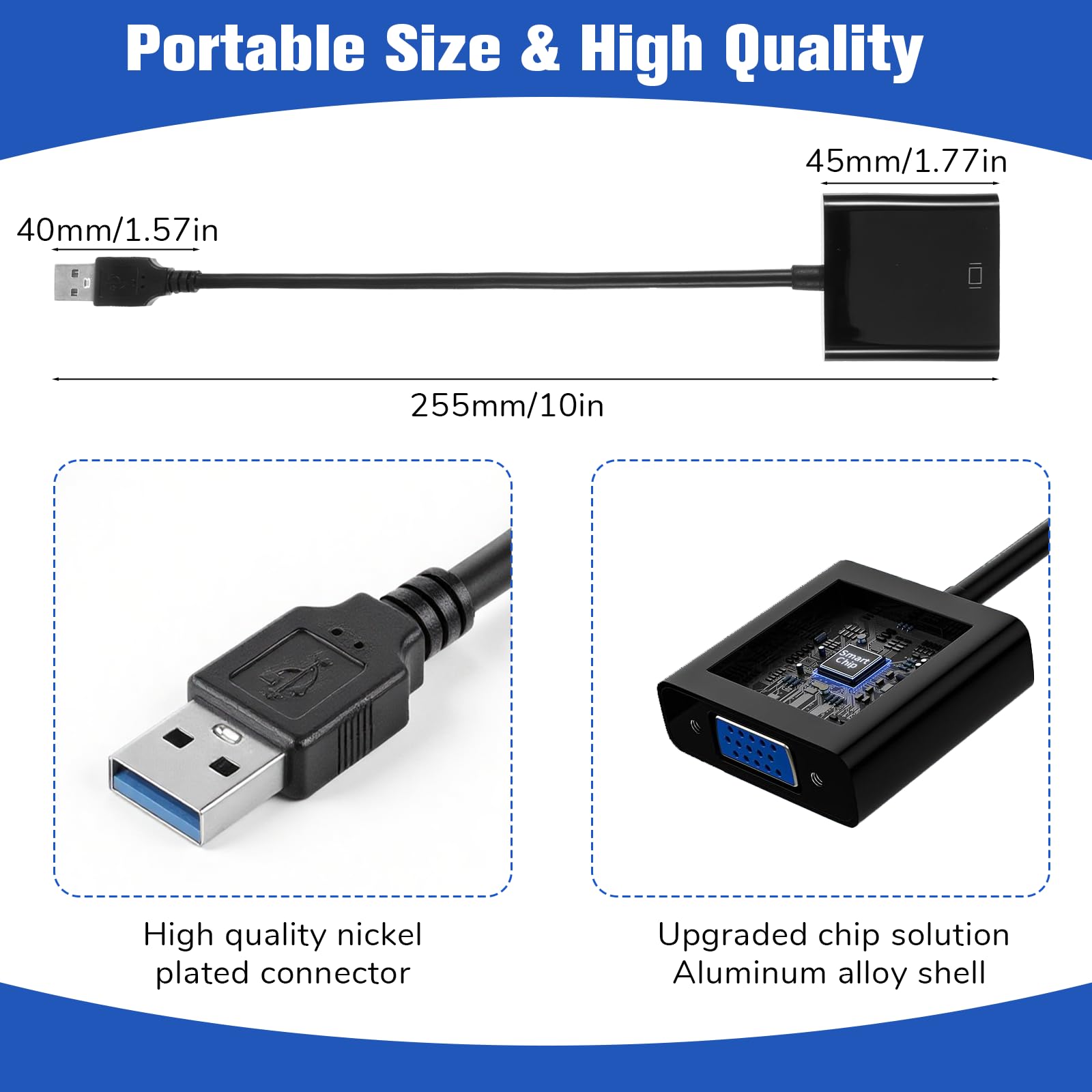 Adattatore da USB a VGA per monitor, convertitore da VGA a USB 3.0/2.0, cavo video multi-display 1080P per laptop, desktop, HDTV, monitor, proiettore