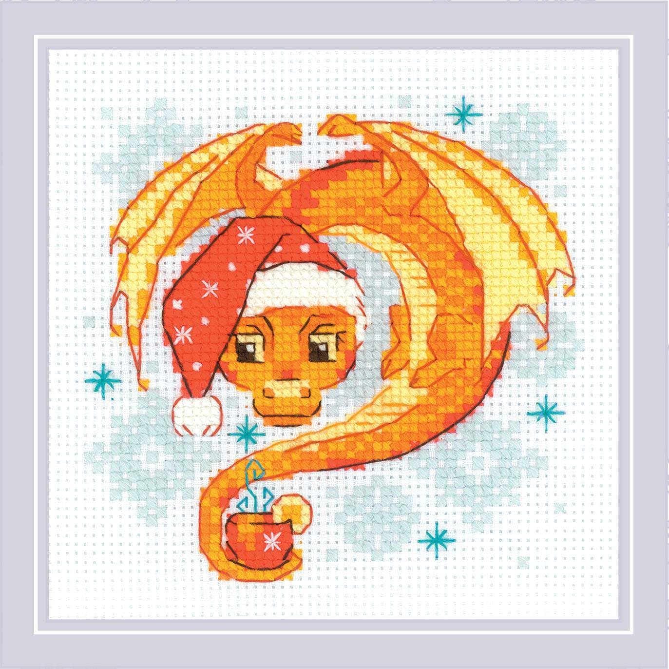 RIOLIS - Dragon Tea Time 2141, Christmas Cross Stitch Kits 6"x6", Cross Stitch Kits for Beginners & Advanced, Crossstitching Kit Adult, Embroidery Counted Stitching Kit