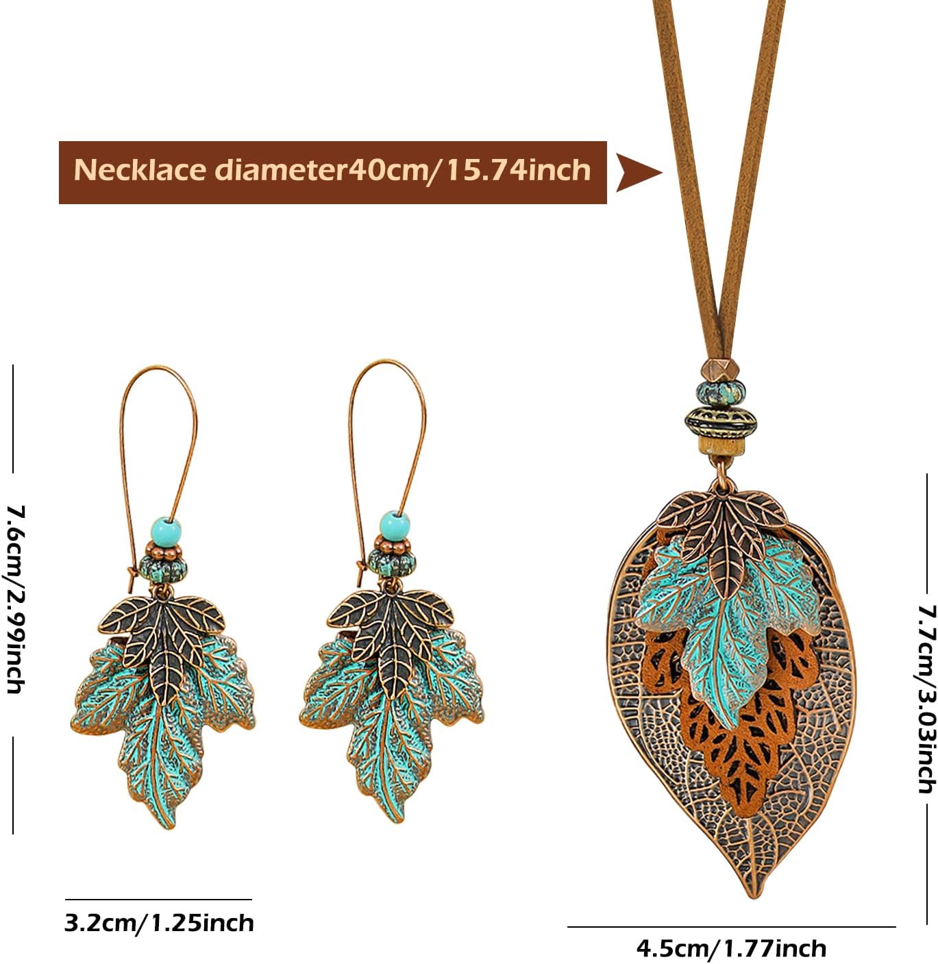 Wooden Leather Necklaces Set Bohemian Wood Stack Discs Long Chain Hemp Rope Bronze Plated Pendant Ethnic Tribal Fall Leaf Earrings Jewelry Statement Necklace - Image 4