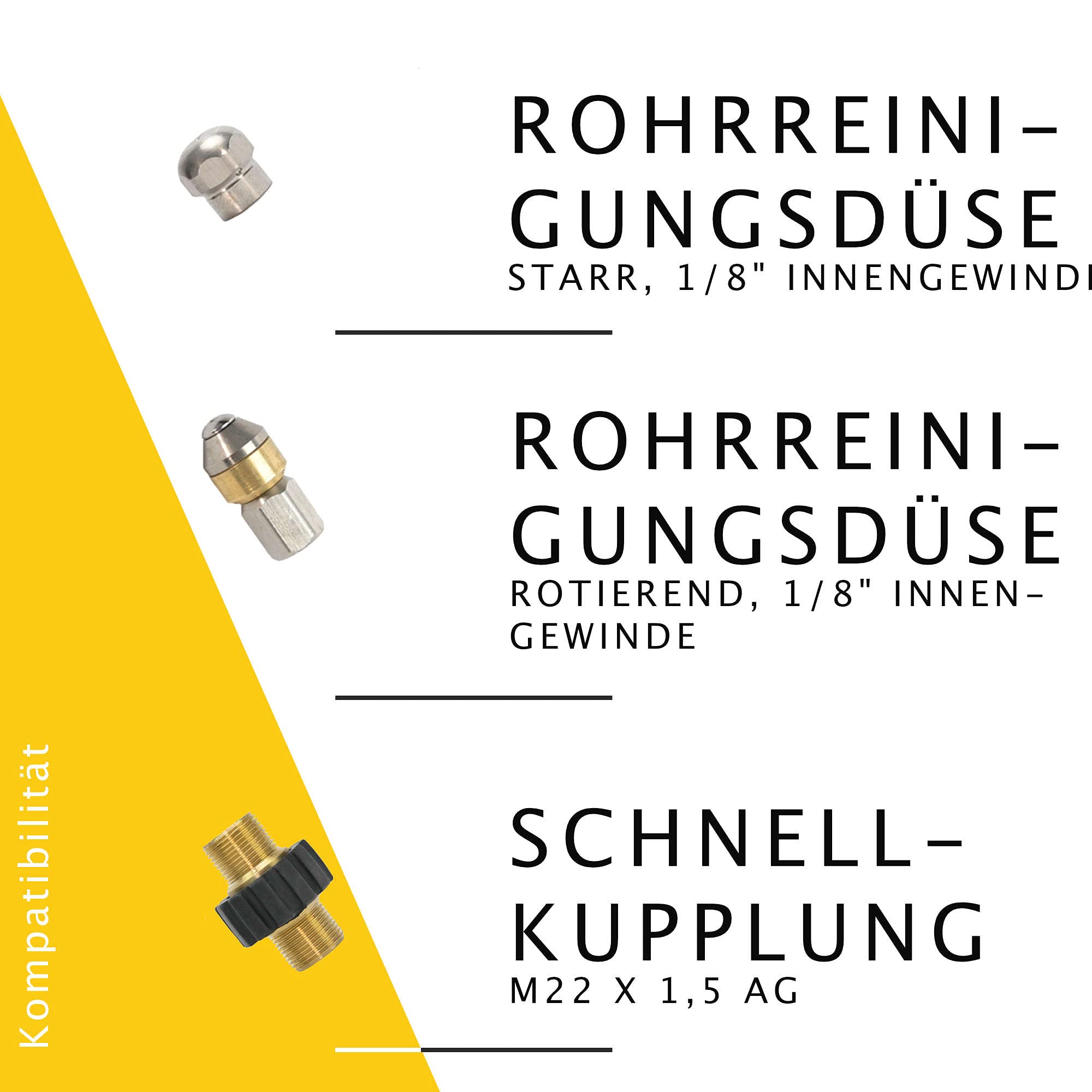 M&M Smartek Rohrreinigungsschlauch 6-Teilig SET für Kärcher Kränzle NILFISK ALTO WAP Professional HD HDS 1/8" AG : M22 x 1,5 IG & Bajonett-Adapter & Adapter KEW & 2x Düsen (15 Meter) | Für Abfluss, WC, Siphon und Kanal; flexible Hochdruck-Reinigung mit Kä