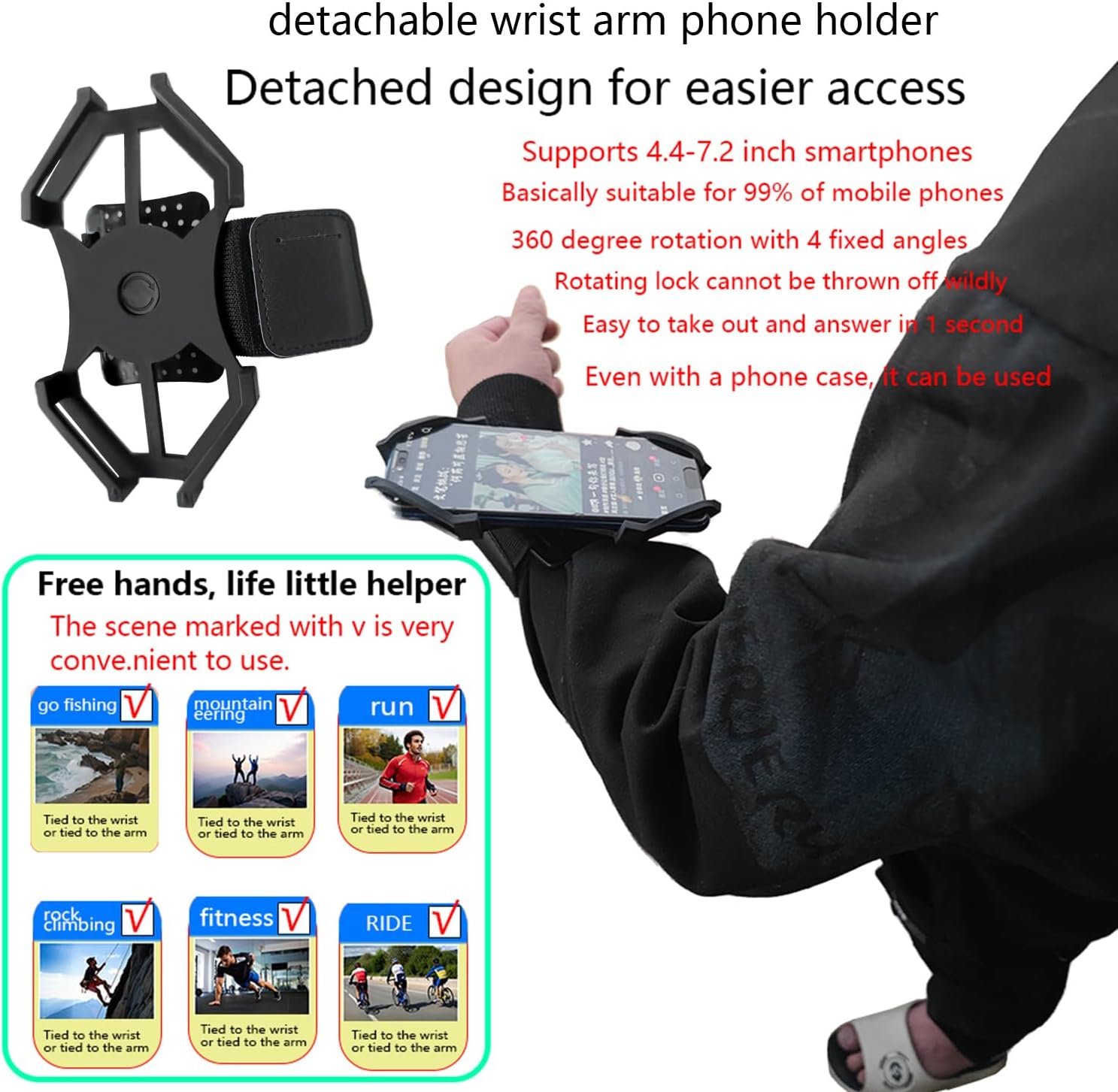 360° Rotatable Wrist Phone Armband, 2-in-1 Detachable Bike Phone Mount Holder for 4.4-7.2 Inch iPhone 15/14/13, Samsung Galaxy, Universal Cell Phone Holder for Running, Cycling, Hiking