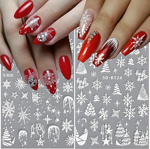 Miniatura 2 de 8 hojas de calcomanías de uñas de Navidad, copos de nieve 5D en relieve, copos de nieve blancos, árbol, alce, Navidad, invierno, diseño de copos de