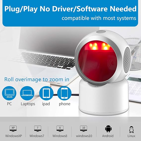 2D QR Barcode Scanner Omnidirectional Hands-Free USB Automatic Barcode Reader for Mobile Payment Computer Screen Scan