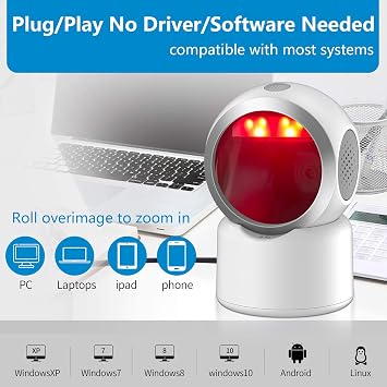 2D QR Barcode Scanner Omnidirectional Hands-Free USB Automatic Barcode Reader for Mobile Payment Computer Screen Scan