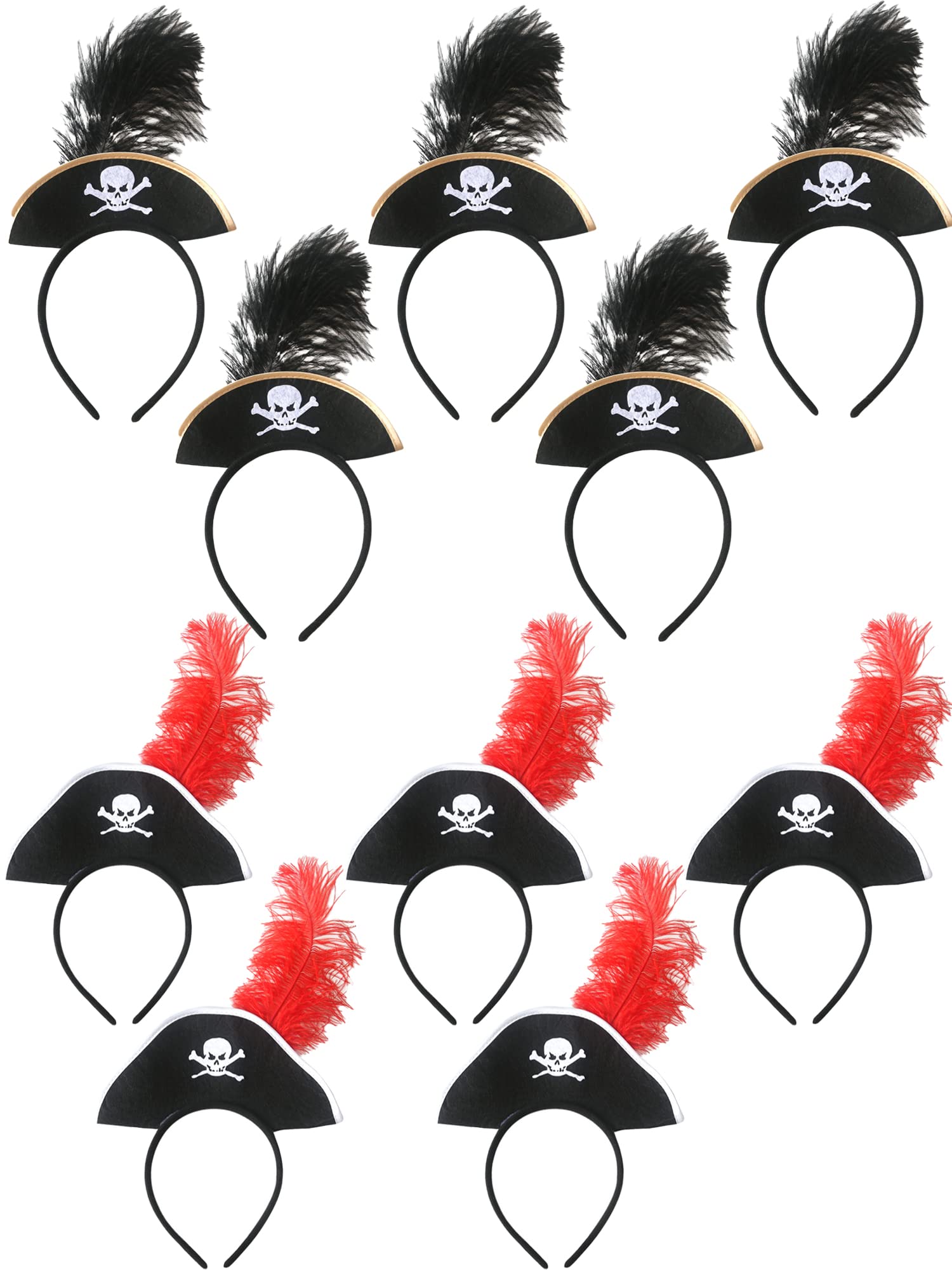 SGBETTER 10 Pack Pirate Hats Headband Skull Feather Mini Pirate Top Hat Headband Headpiece for Halloween Theme Party Costume Accessories, 2 Styles