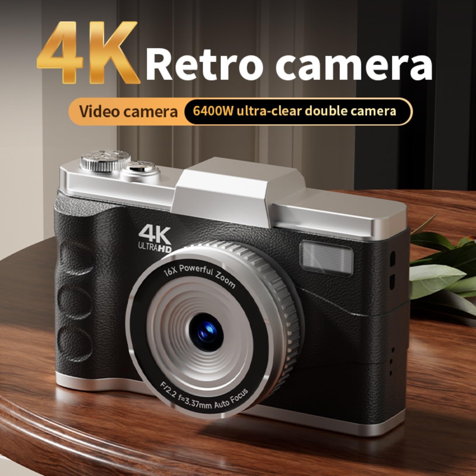 Fotocamera digitale da 64 MP 4 K con messa a fuoco automatica per videocamera, schermo LCD da 3,0 pollici, zoom 16x, funzionamento manuale, fotografia di viaggio, marrone (nero)