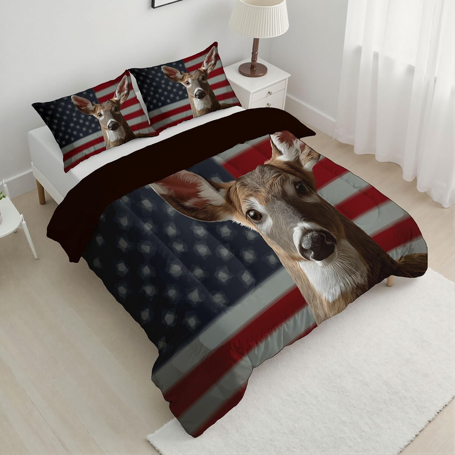 American Flag Comforter Set King Size, Whitetail Deer Animal Bedding Set for Teens Adults Room, Brown Soft 104" x 90" Quilt with 2 Pillow Cases, Lightweight Brown Quilt for All Season