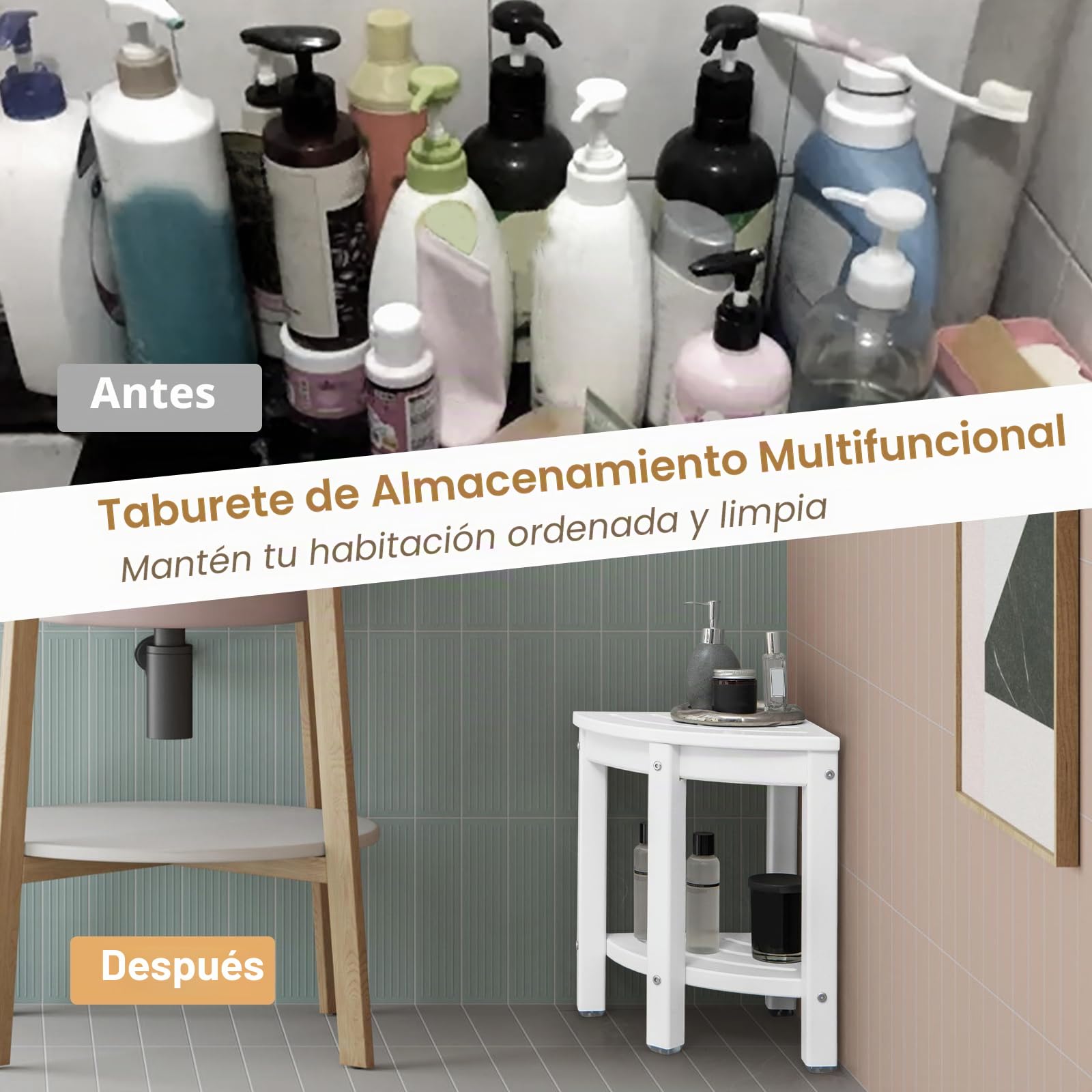 RELAX4LIFE Banco de Ducha Esquinero de 2 Niveles, Taburete de Ducha de HDPE con Estante, Reposapiés de Baño para Espacios Pequeños, Taburete de Ducha Impermeable, Carga 150 kg (Blanco)
