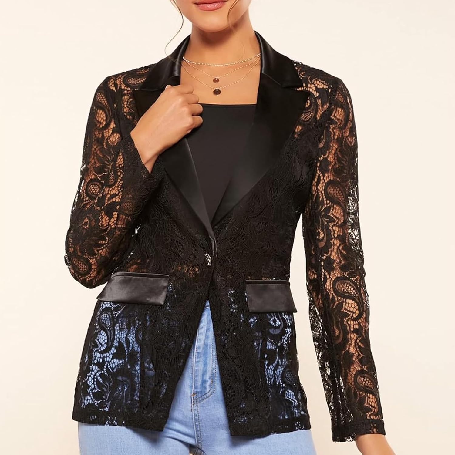Women's Fashion Floral Lace Blazer Single Button Lapel Neck Sheer Mesh Jacket