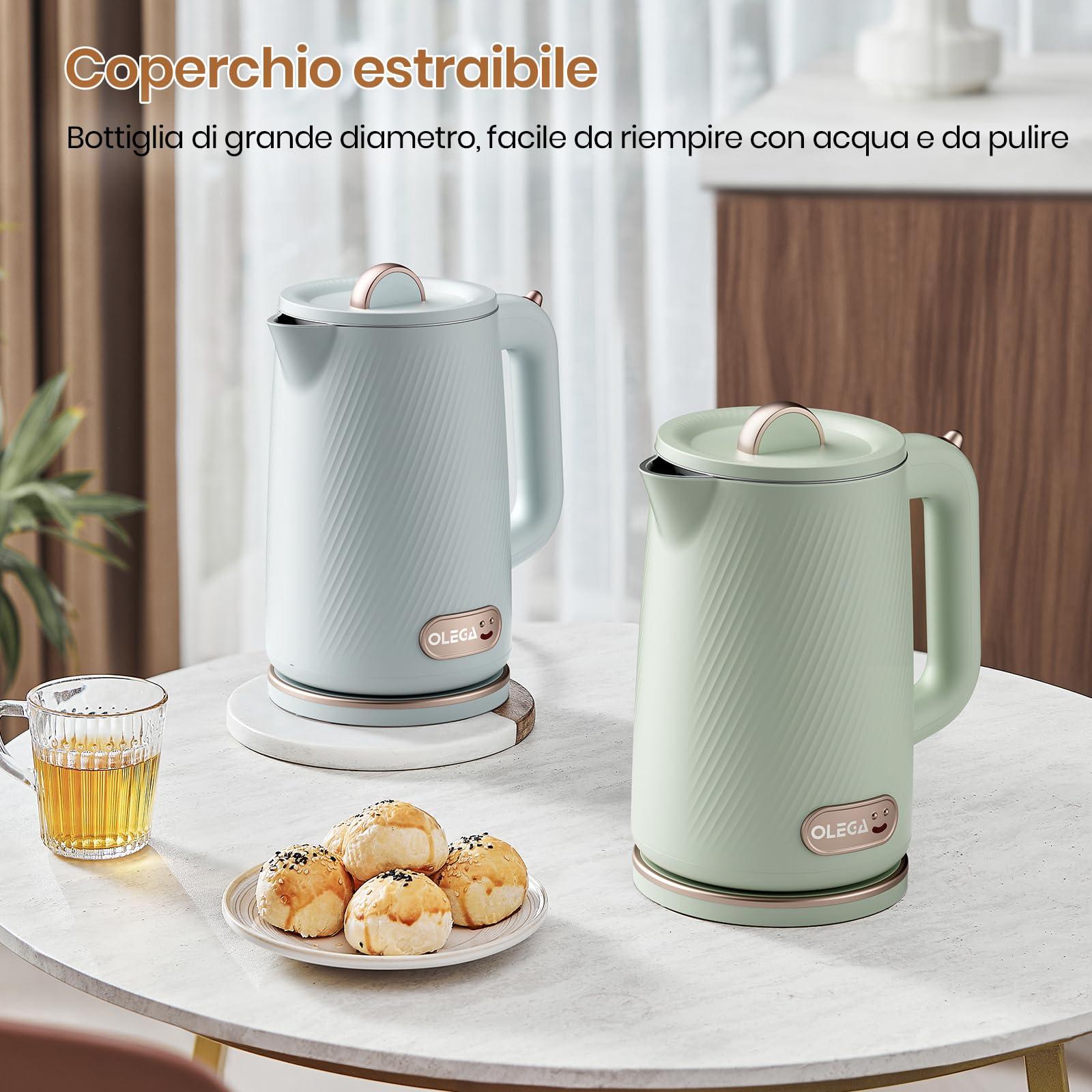OLEGA Bollitore elettrico per acqua, bollitore per acqua calda a ebollizione rapida da 1800W, bollitore per acqua calda portatile da 1,8 litri Bollitore elettrico per tè Teiera (Verde)