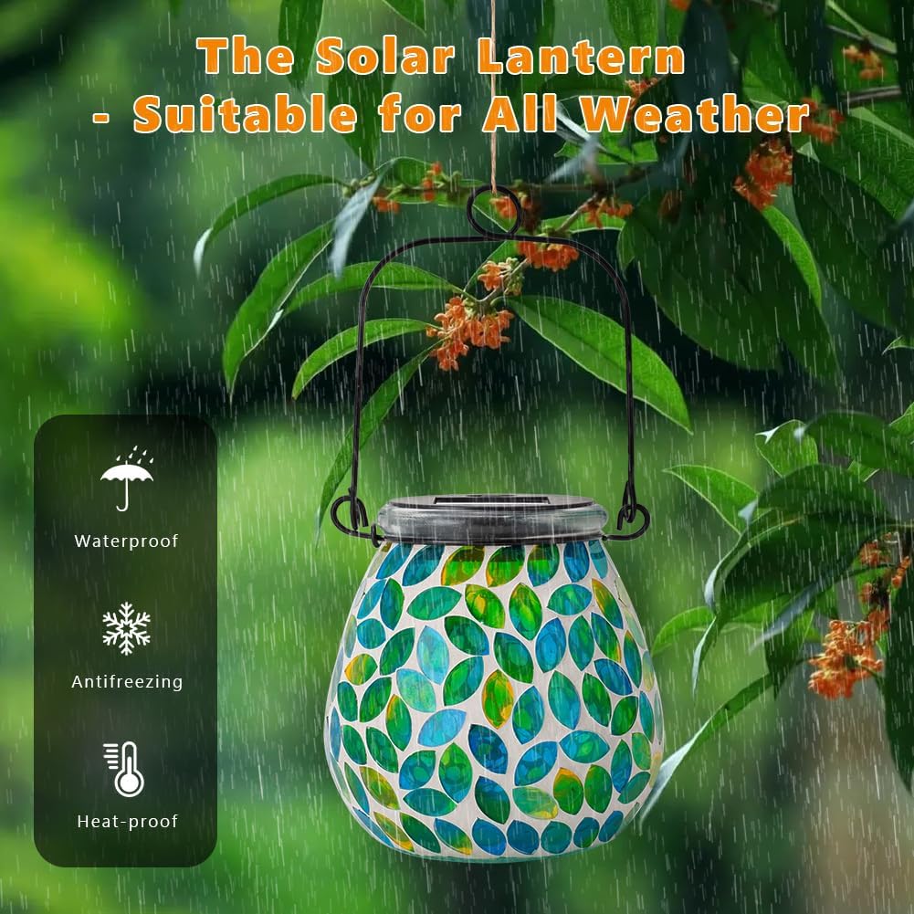 Starsoul 4 Pack Solar Lanterns Outdoor Waterproof, Unique Green Mosaic Glass Solar Garden Lights, Decorative Outdoor Lantern for Outside Patio Pathway Porch Yard Table
