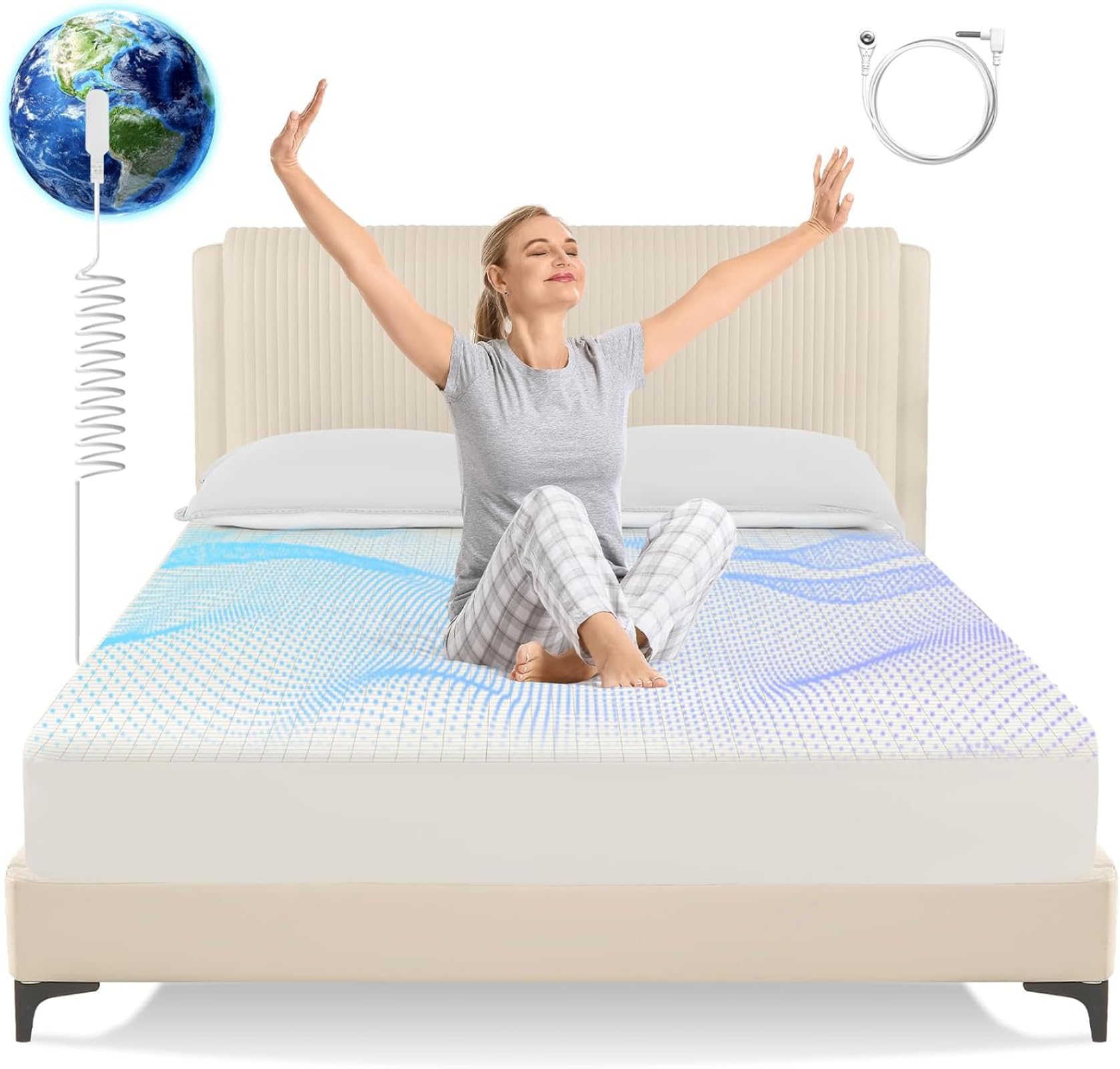 Grounding Sheets King Size,Earth Grounded Fitted Bed Sheet 5% Pure Silver Fiber + 95% Organic Cotton, Bed Grounding Kit with grounding Cord for Improved Sleep & Wellness(Beige,80"x78"x15")