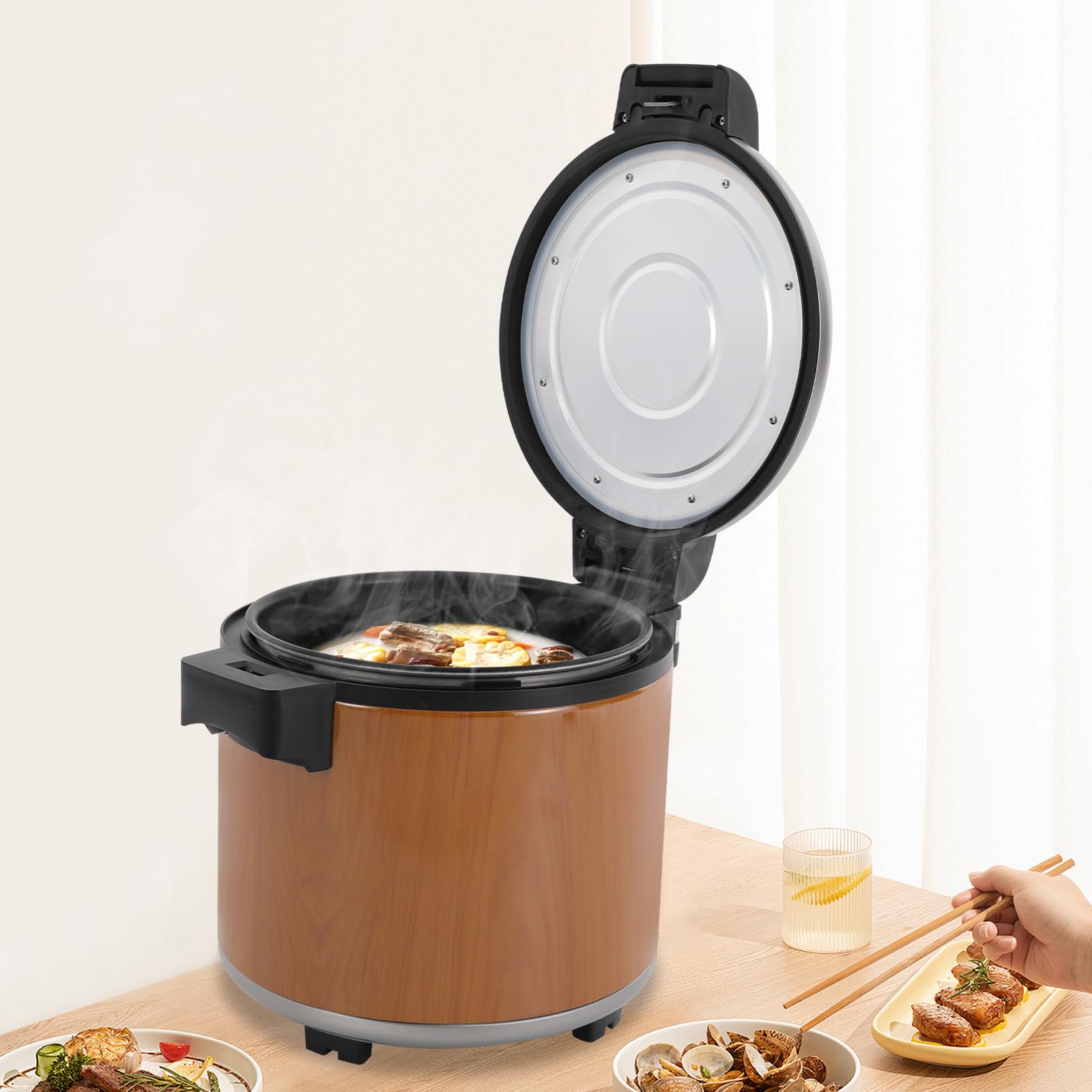 100-Cup 23L Electric Rice Warmer 100W Commercial Food Warmer with Warm Function Only, Stainless Steel Restaurant Rice Warmer with Rice Spoon (Wood)