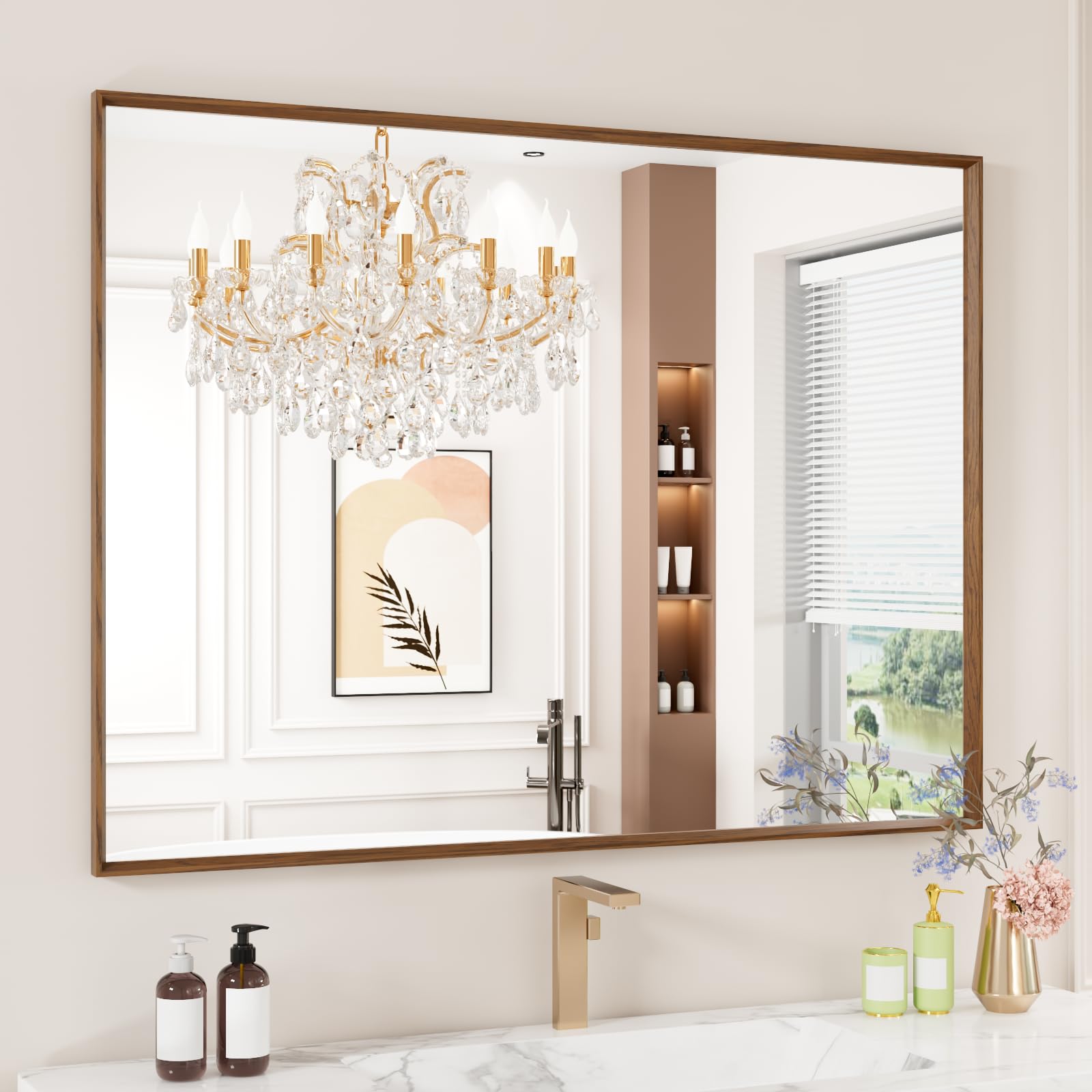 Bathroom Mirror, 48x36 Inch Framed Mirror, Rectangular Wall Mirror, Vanity Mirror Wall Mounted, Anti-Rust, Tempered Glass, Hangs Horizontally or Vertically - Walnut