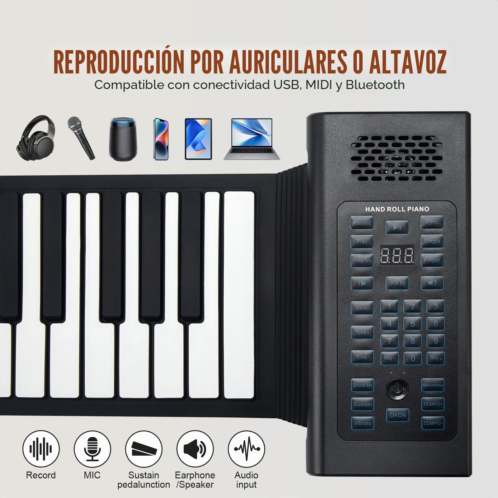 VEVOR Teclado Piano Enrollable 88 Teclas 128 Ritmos 128 Tonos Piano Digital Portátil Recargable con Altavoz 2W Pantalla LED 5 Puertos Función MIDI para Niños, Principiantes, Adultos, Negro
