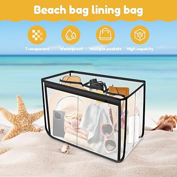 Beach Bag Organizer Liner Compatible with Zipper Clear Bogg Bag Insert Waterproof Bogg Divider Liner with Multiple Pockets Practical for Travels Swimming Pool Work, No Buttons Included(black)