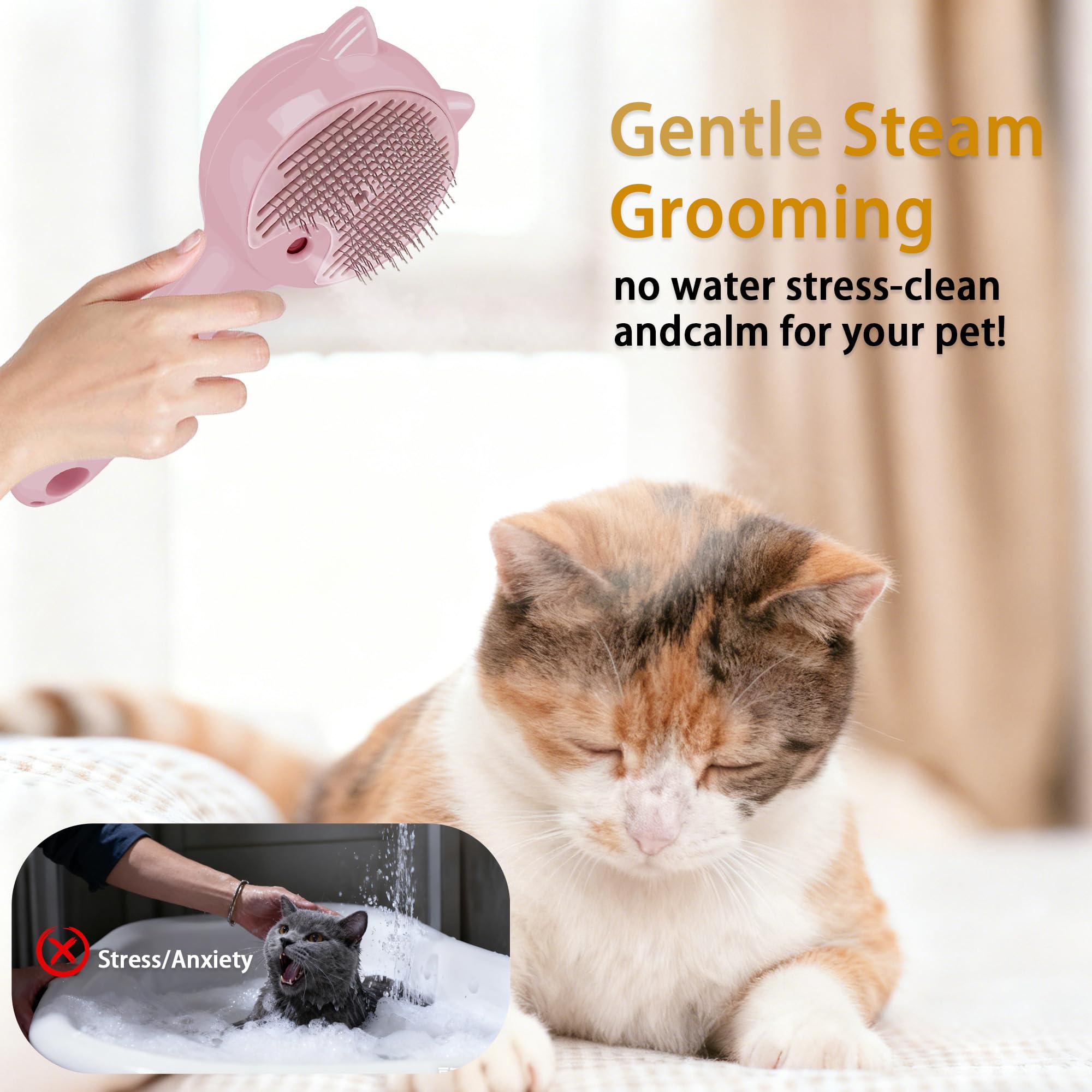 Haustier-Dampfbürste für Katzen und Hunde, 3-in-1-Pflegekamm, reduziert Haarausfall, weiche Borsten, fördert gesundes Fell, inklusive wasserlosem Shampoo, Rosa