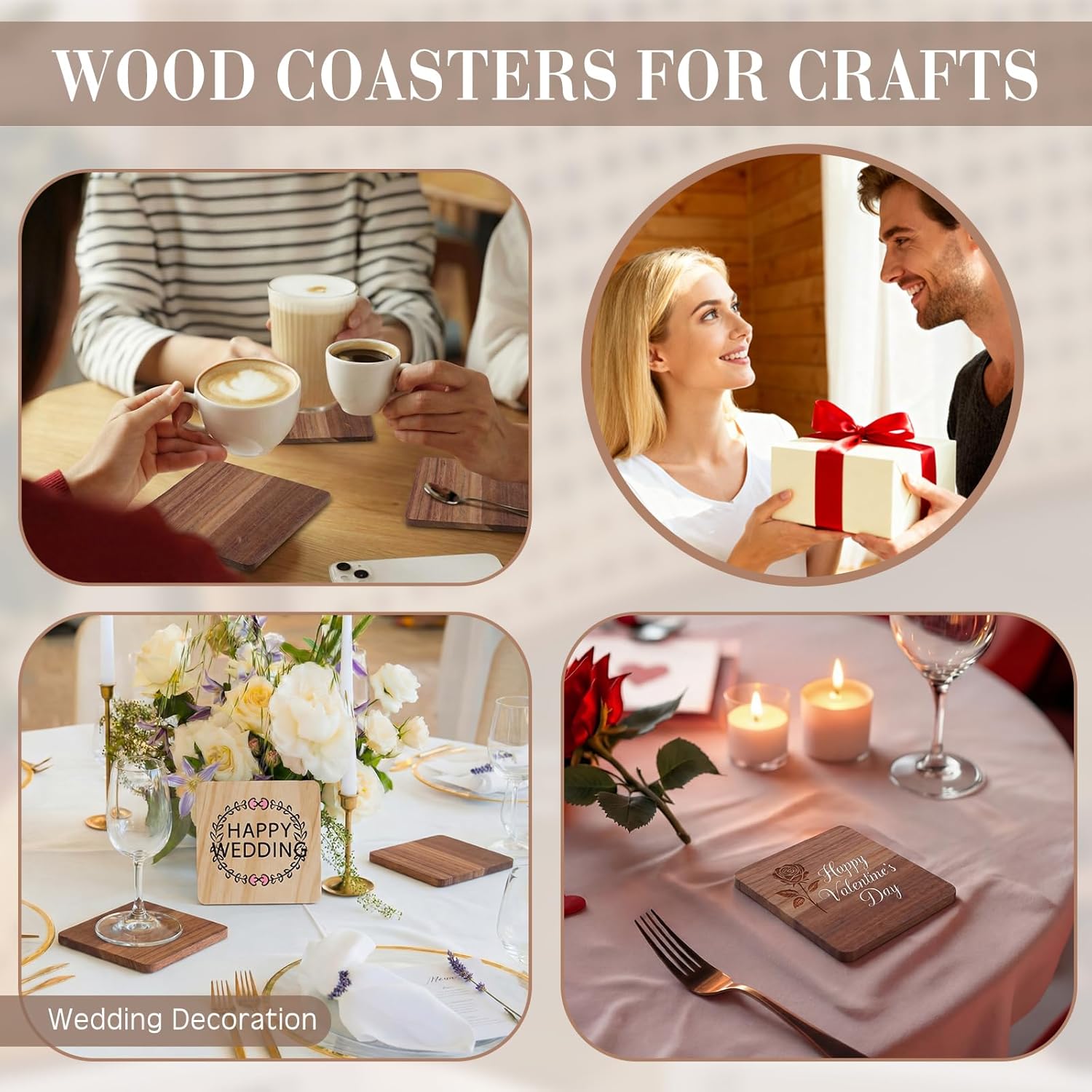 100 Pcs Unfinished Wood Coasters for Crafts, 4 Inch Blank Square Acacia Wood Coasters for Crafts with Non-Slip Dots for DIY Stained Painted Engraving Wedding Valentine Home Decoration