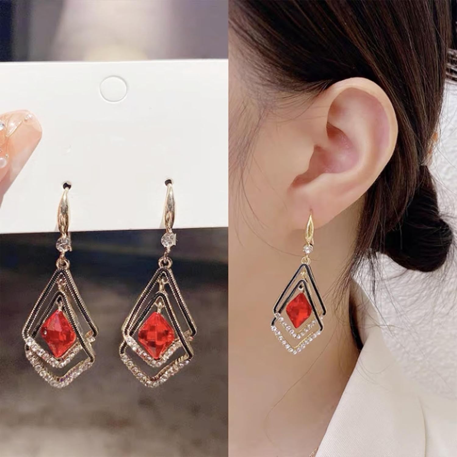 Vintage Crystal Ruby Drop Earrings Rhinestone Square Earrings Red Topaz Dangle Earrings Ruby Crystal Wedding Earrings Jewelry for Women (Red) - Image 2
