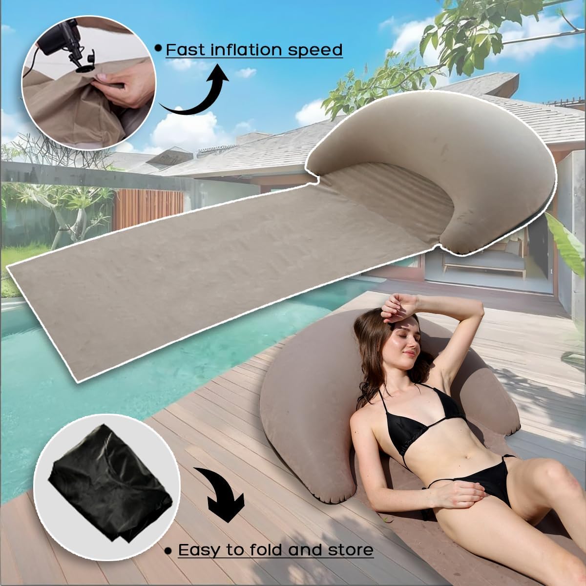 Inflatable Beach Mat Lounge Chair, Outdoor Sunbathing Sleeping Pad with Inflatable Pillow, Portable Flocking Beach Lounge Chair, Suitable for Lawn, Outdoor Camping, Travel, Beach Vacation (Khaki)