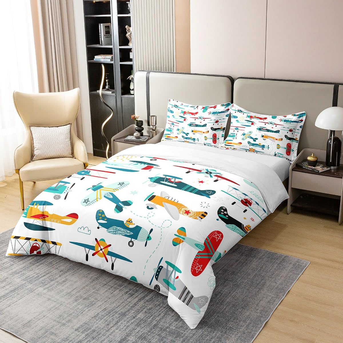 Homemissing Avion 100% Coton Housse de Couette Enfants Jeunes Enfants Dessin animé Avion Parure de lit 100% Coton Mignon garçon Fille Housse de Couette avec 1 taie d'oreiller 140x200cm Zip
