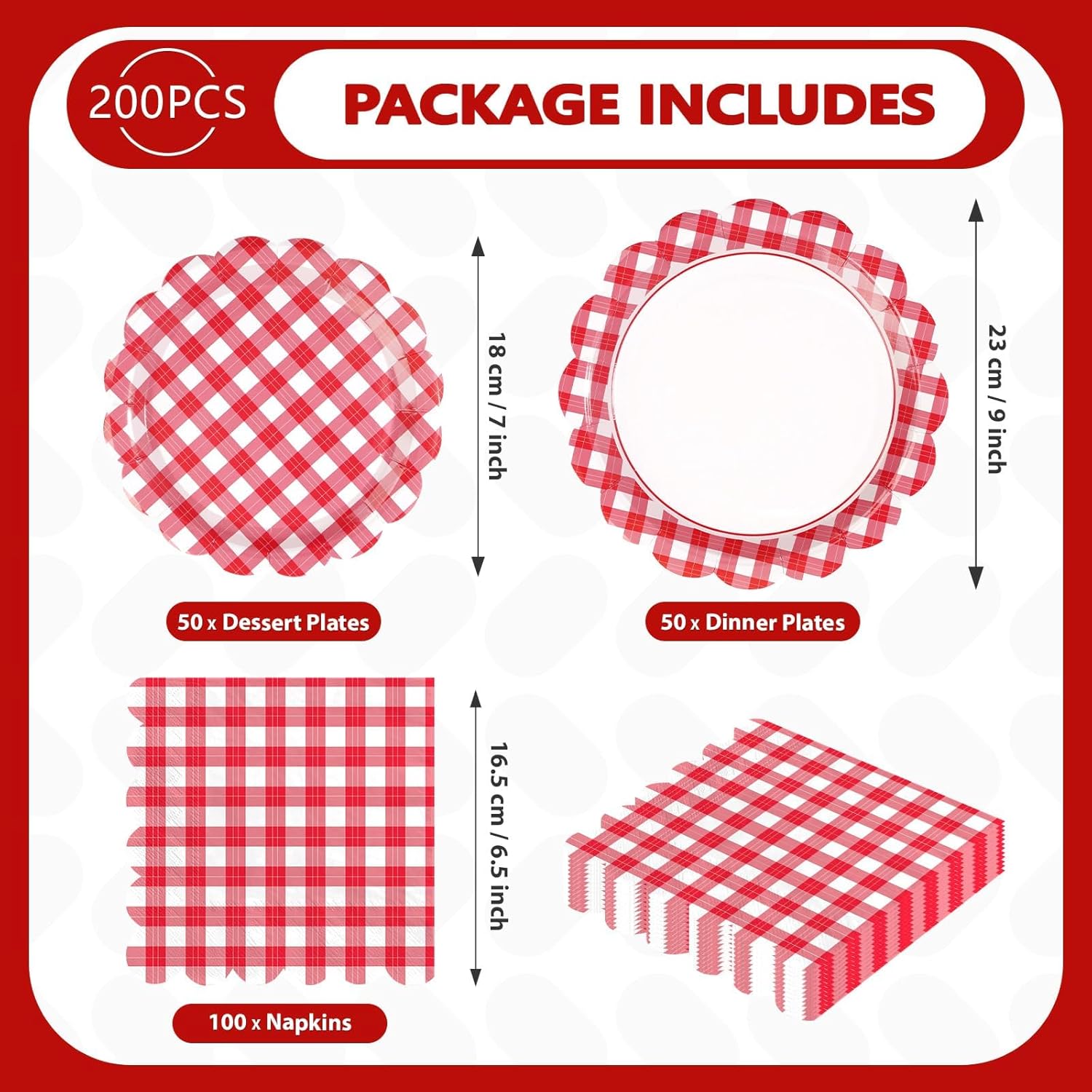 200 Pcs Red and White Gingham Party Supplies Scalloped Red Gingham Checked Plaid Plates and Napkins Disposable Gingham Tableware Sets for Summer Pizza BBQ Picnic Birthday Party Decorations Serves 50