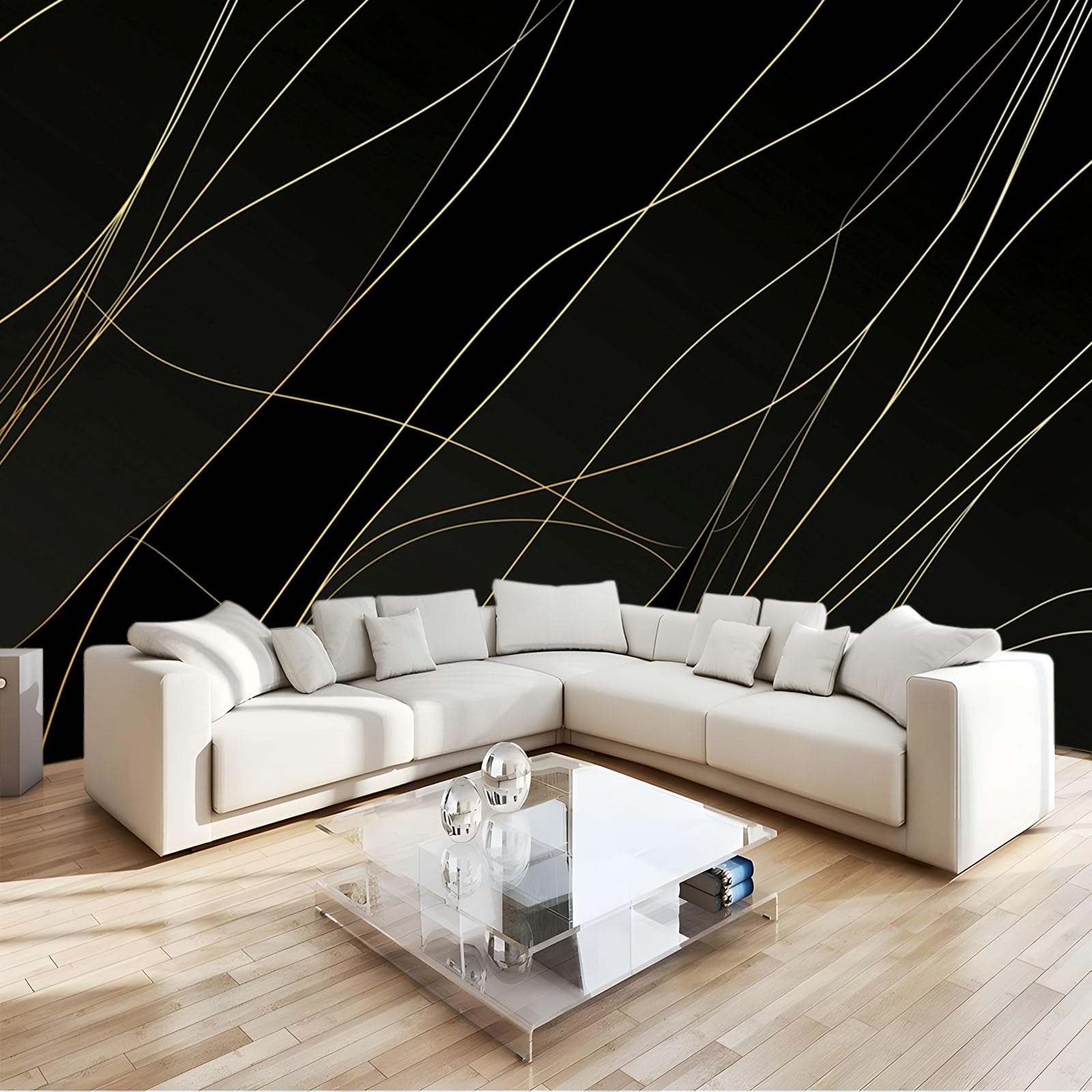 Fototapeta 350 x 256 cm, złote linie, geometryczny efekt 3D, wysokiej jakości XXL, nowoczesna dekoracja ścienna, tapeta, czarna tapeta z włókniny, do salonu, sypialni, biura