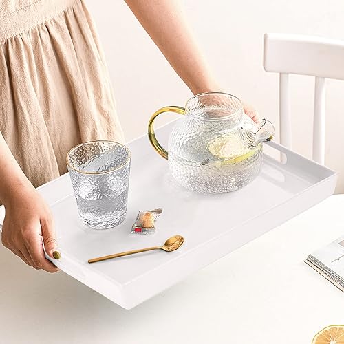 Miniatura 4 de XMNFLY Bandeja de servir con asas platos modernos de melamina blanca de 10 x 15 pulgadas, para servir vino, café, desayuno, bandeja de encimera de