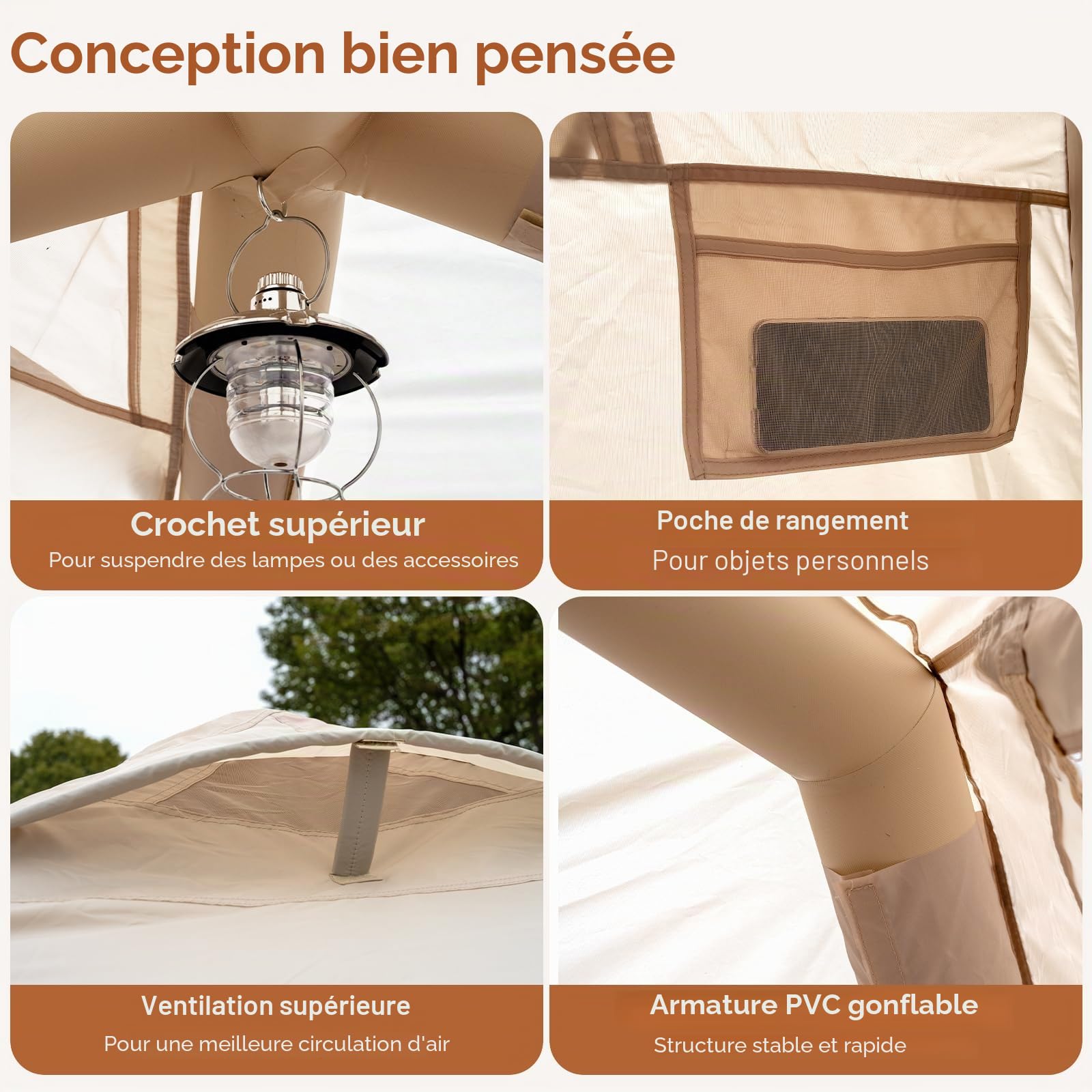 Tente de camping gonflable avec pompe à main - Montage facile - Imperméable - Coupe-vent - Tente gonflable d'extérieur - 2 à 10 personnes - Oxford Glamping