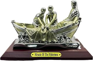 Christian Miracle of The Fishermen Statue on Wood Base - 4" Tall Jesus Figurine Table Decor - Biblical Scene Home Decor - Religious Room Decor Replica Model