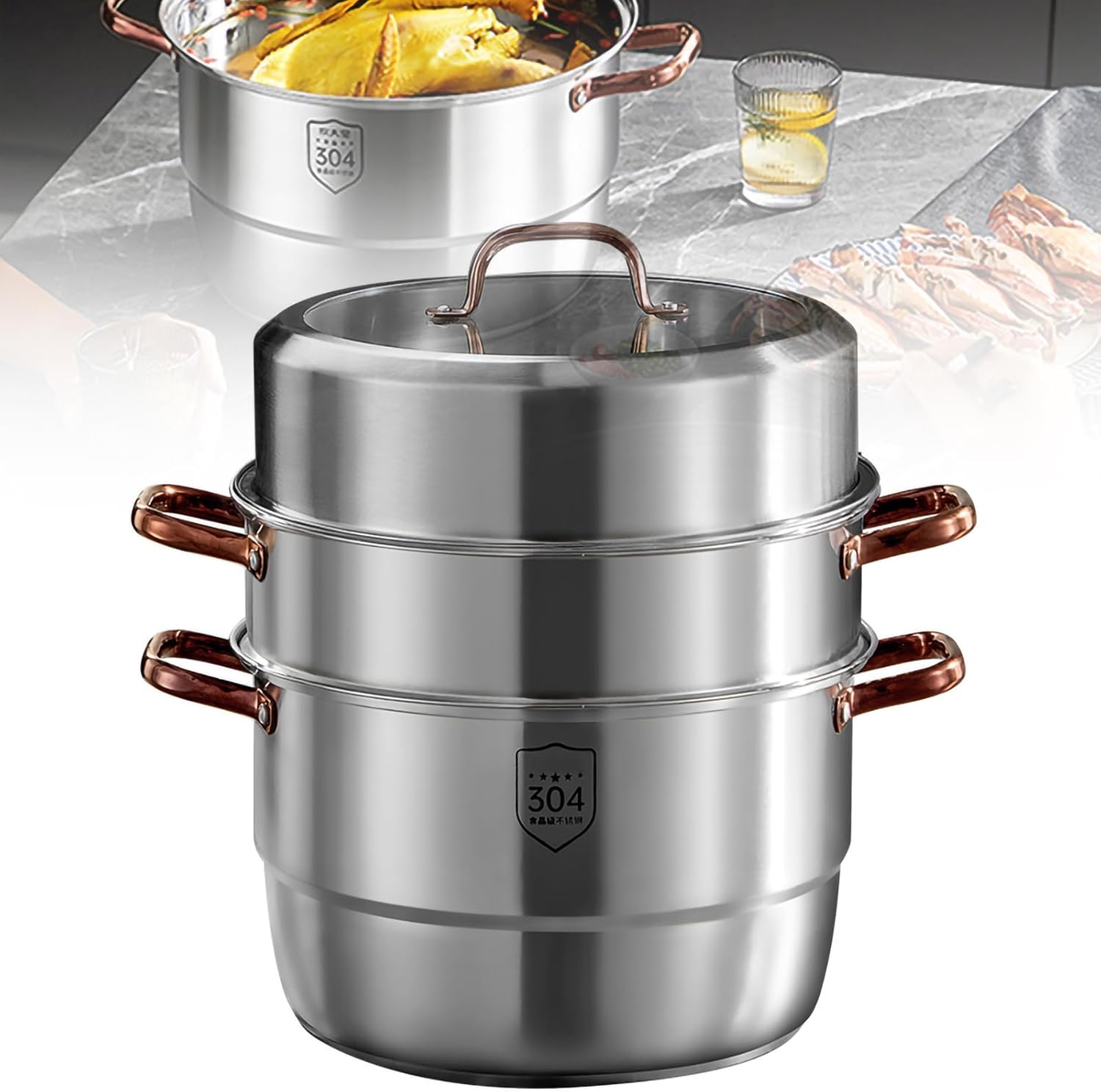 3 Tier Food Steamer, 304 Stainless Steel Steamer Thickened Double-Layer Steamer, Deep Bottom Pot + Steamed Slices, for Steaming, Boiling, Stewing,30cm