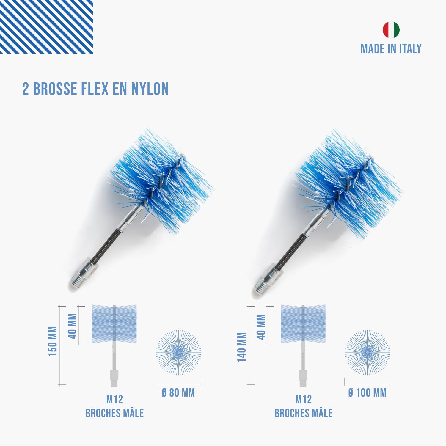 BARETTO Flex | Kit de ramonage poêle à granulés | Conduit de fumée Ø 80 + 100 mm | Longueur 6 m | 2 hérissons articulés | Raccord M12