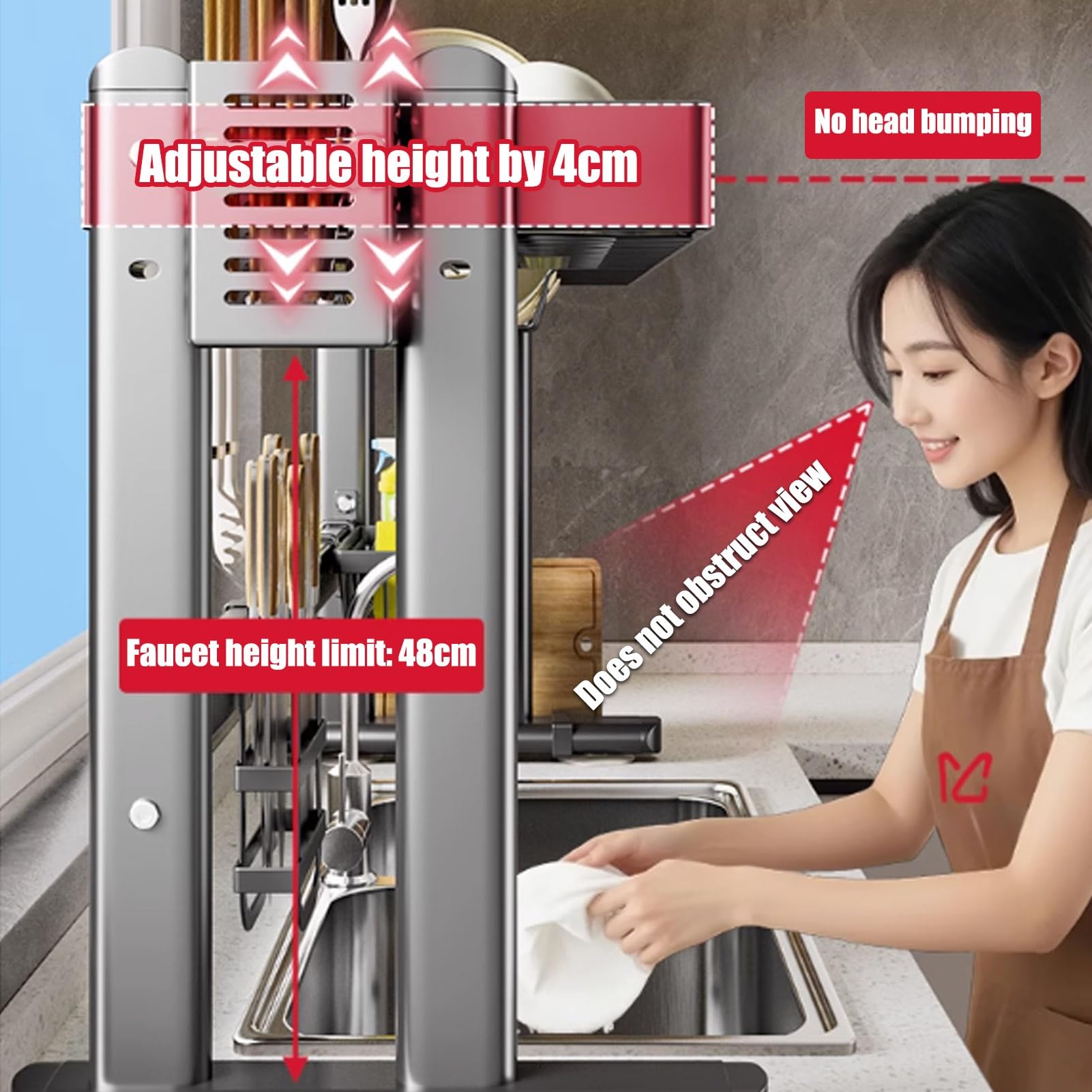 Égouttoir à vaisselle au-dessus de l'évier, hauteur réglable, égouttoir de cuisine en métal à 2 niveaux, grand porte-ustensiles, multifonction pour l'organisation de la cuisine, design peu encombrant
