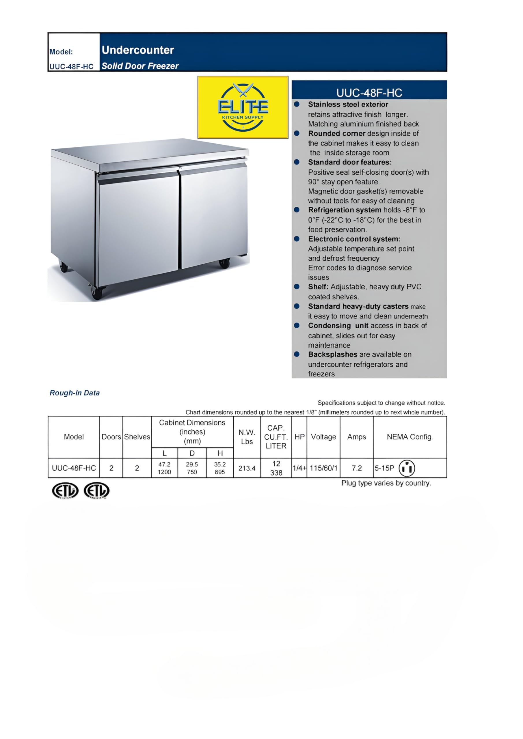 Commercial Undercounter Freezer, ETL NSF 2-Door 47