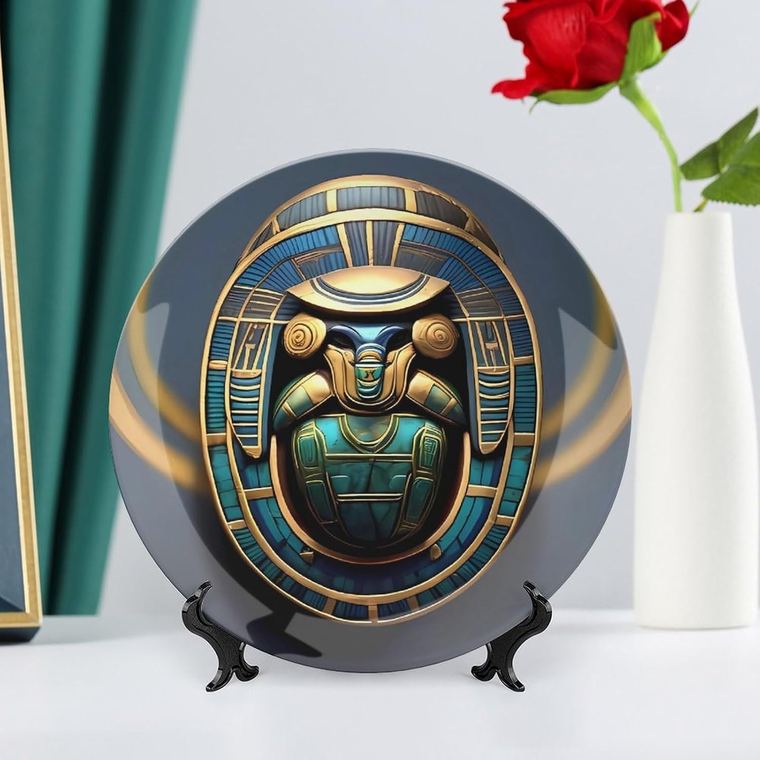 Egyptian Scarab Ceramic Decorative Plate for Home, Bone China Plates | Chinese Style Decorative Dish with Stand, Dinner Plates Art Crafts for Wall Decor, Collections Plate with Hook 10inch