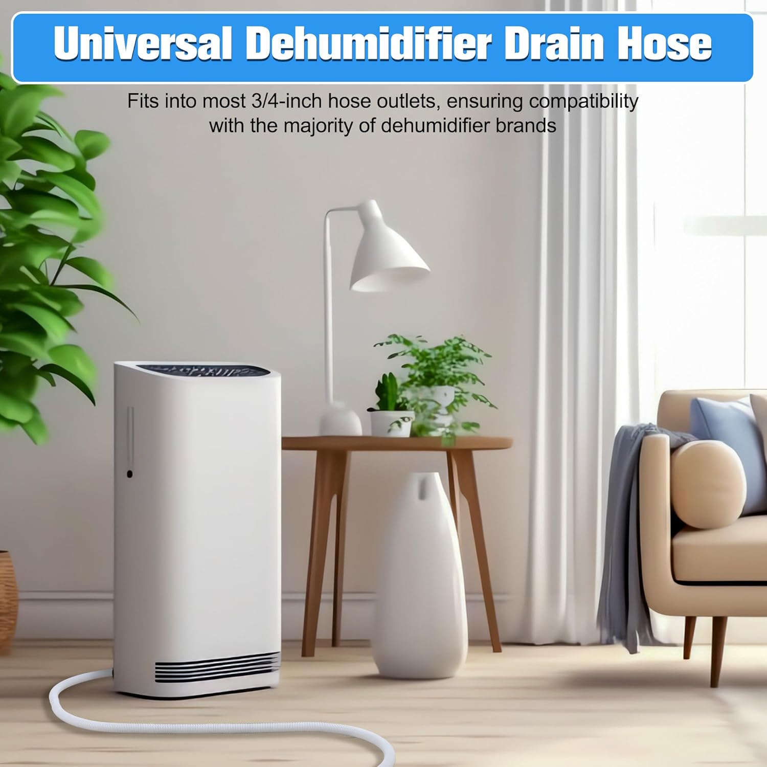 Saillong Patent Pending Dehumidifier Drain Hose, 13FT, 3/4 Inch FHT, with Cuttable Rubber Adapter and Connect Clamp, Flexible Universal Drain Hose for Most Dehumidifier Air Conditioner Brands(White)