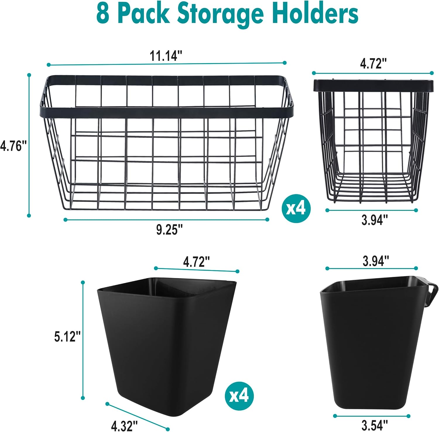 LIGHT DUST Wall Hanging Baskets - 8 Set Black Baskets & Cups Wire Basket Metal Wall Organizer Bins for Kitchen Pantry Cabinet Bathroom Shower Door RV [Included Adhesive Hooks & Mounted Screws]