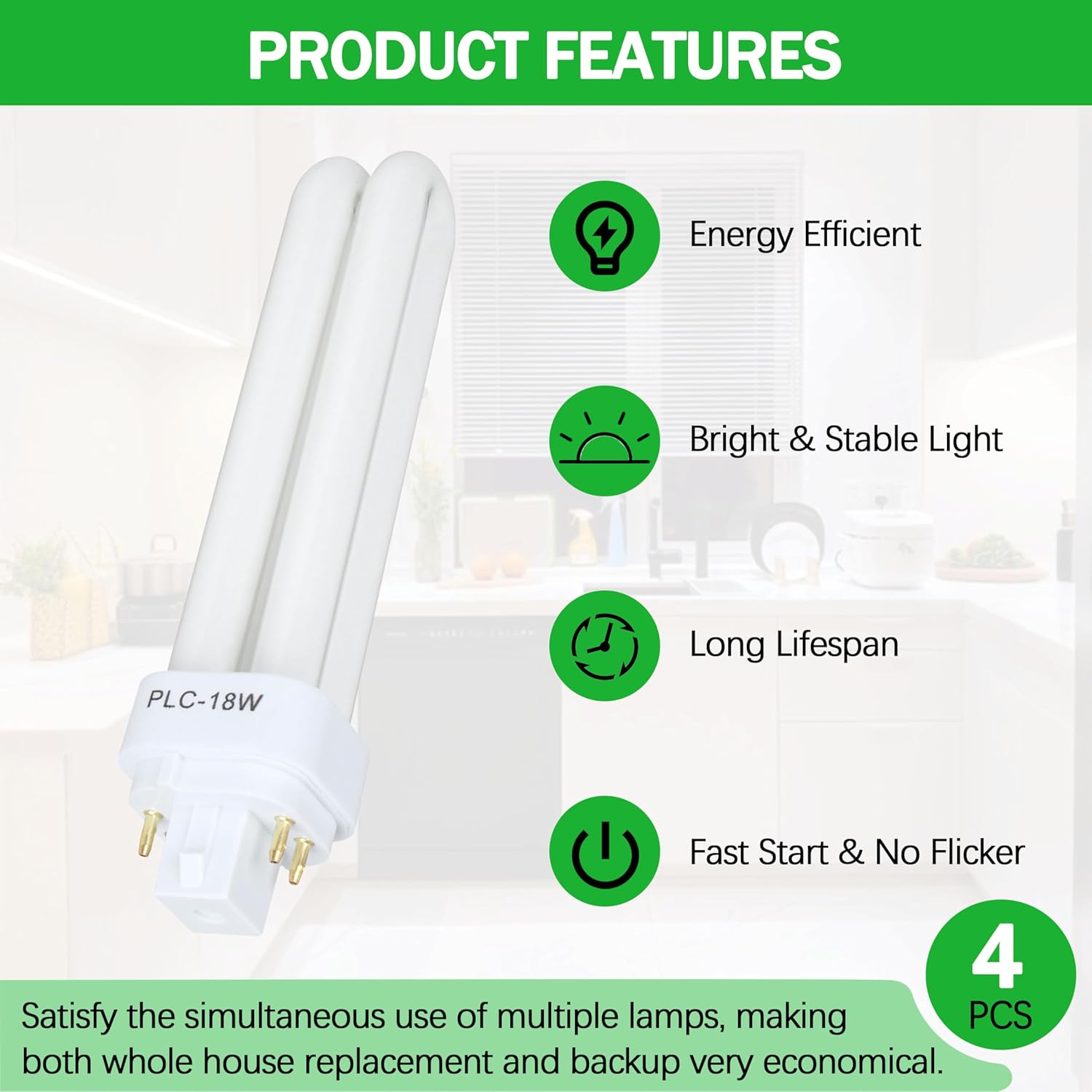 FDS18E35/4 CFL Light Bulbs for Panasonic, 4 Pin G24q-2 Base 18W 3500K Double Tub, Compact Fluorescent Light Bulbs 4Pcs