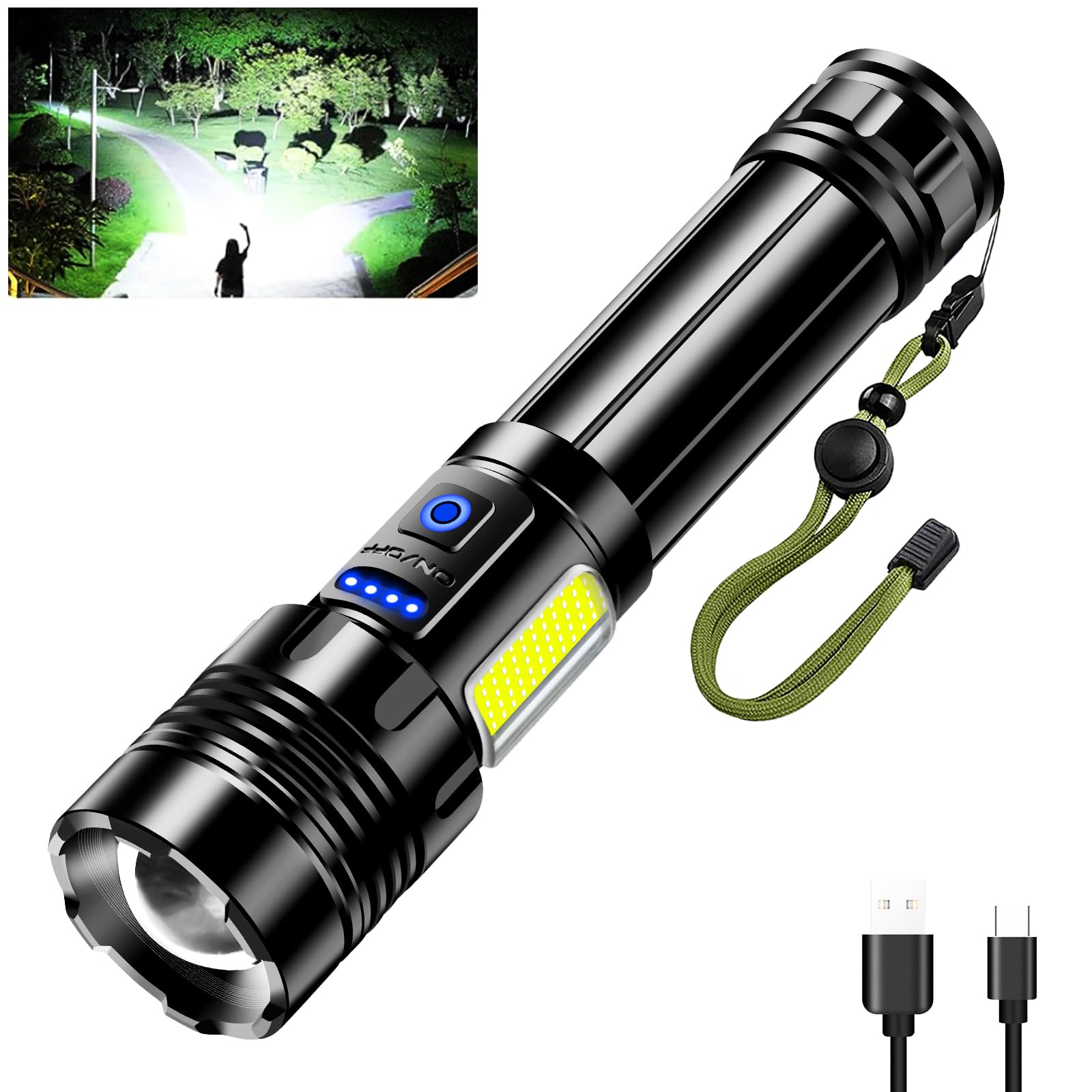 LED Rechargeable Torch 600000 Lux, 9 Modes Torches Super Bright, XHP90.2 with COB Side Light, Reverse Charging, Zoomable, IPX7 Waterproof, Powerful Flashlight for Emergency,Camping